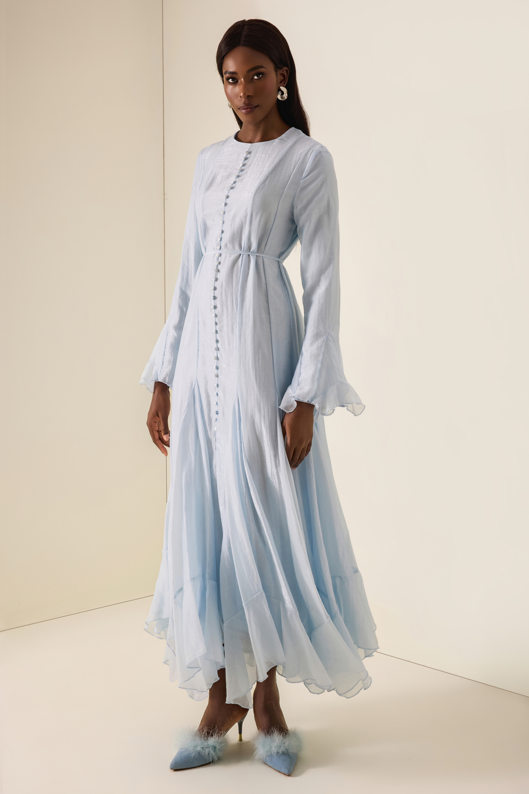 Ruffle Single Breasted Bell Sleeve Midi Dress
