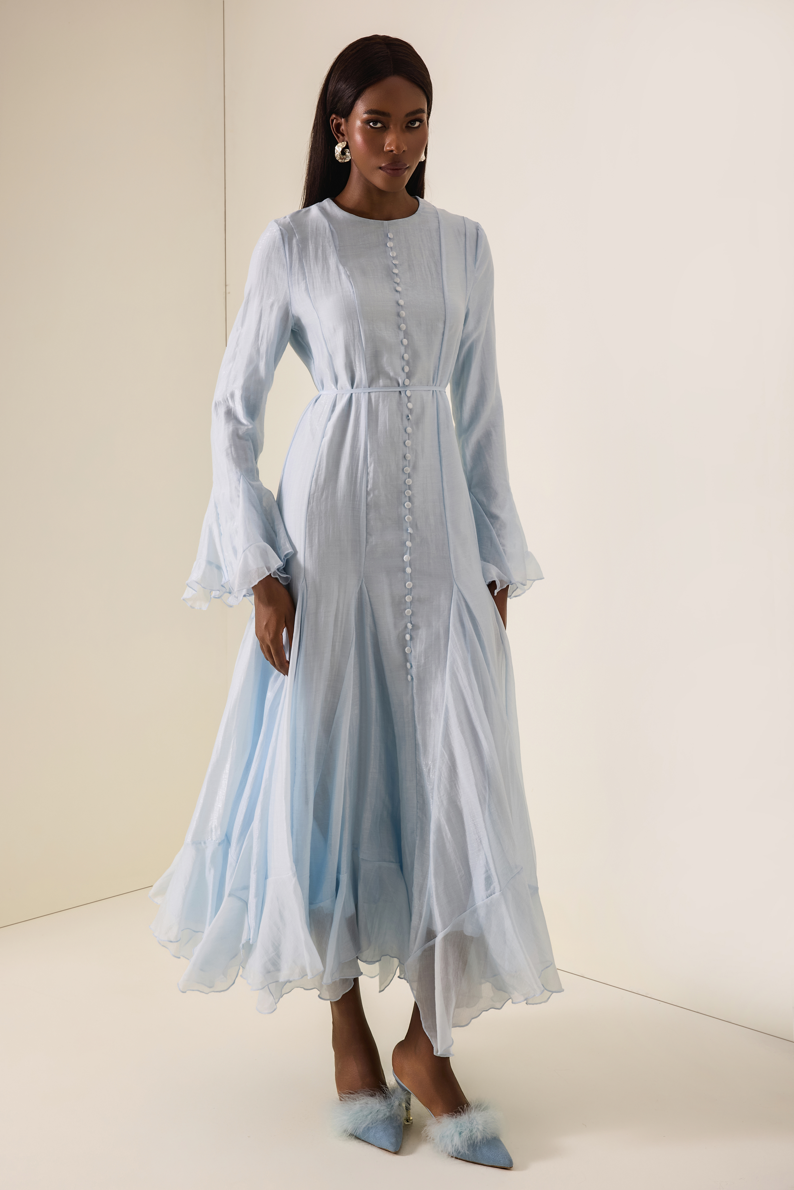 Ruffle Single Breasted Bell Sleeve Midi Dress