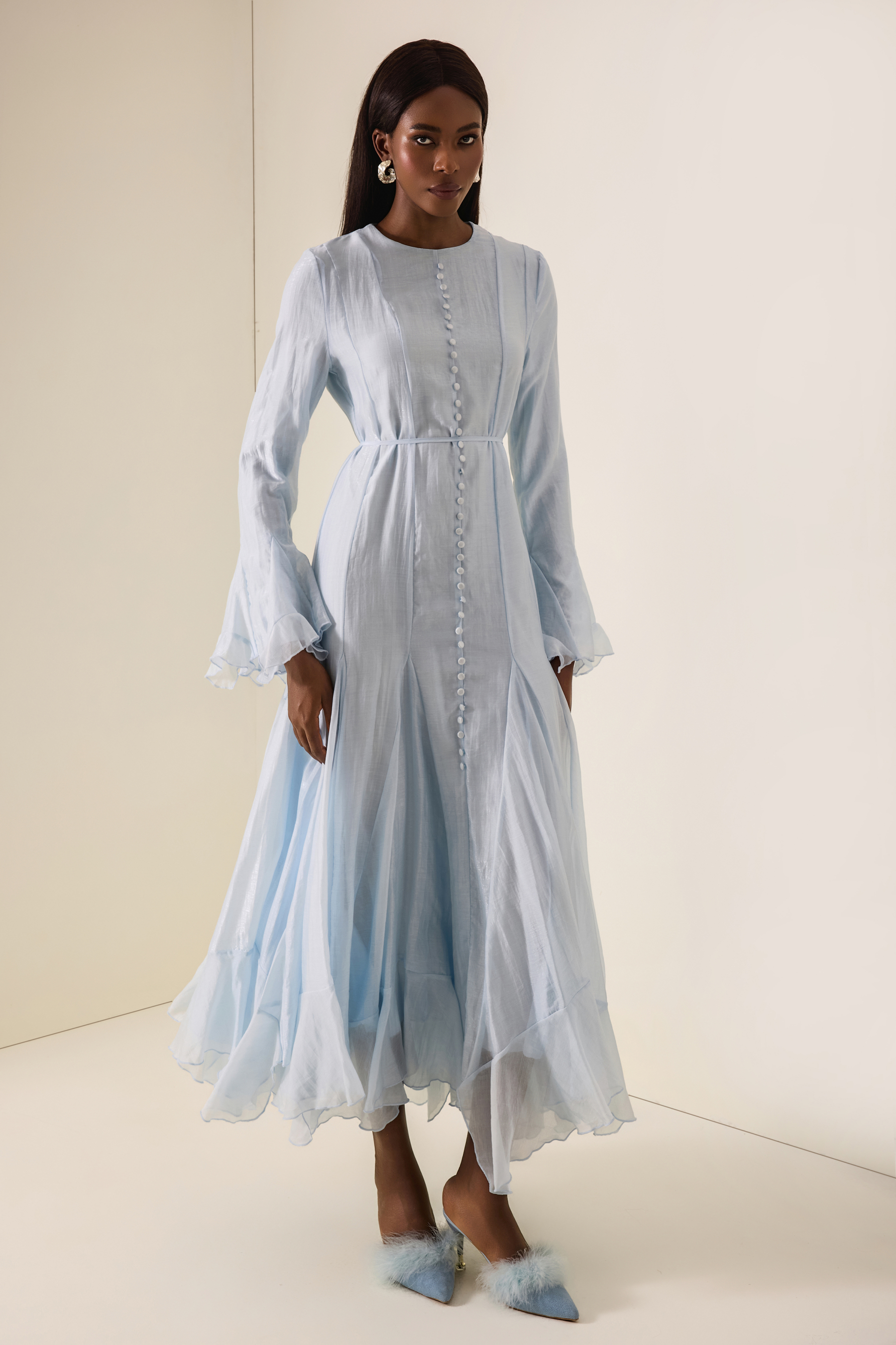 Ruffle Single Breasted Bell Sleeve Midi Dress