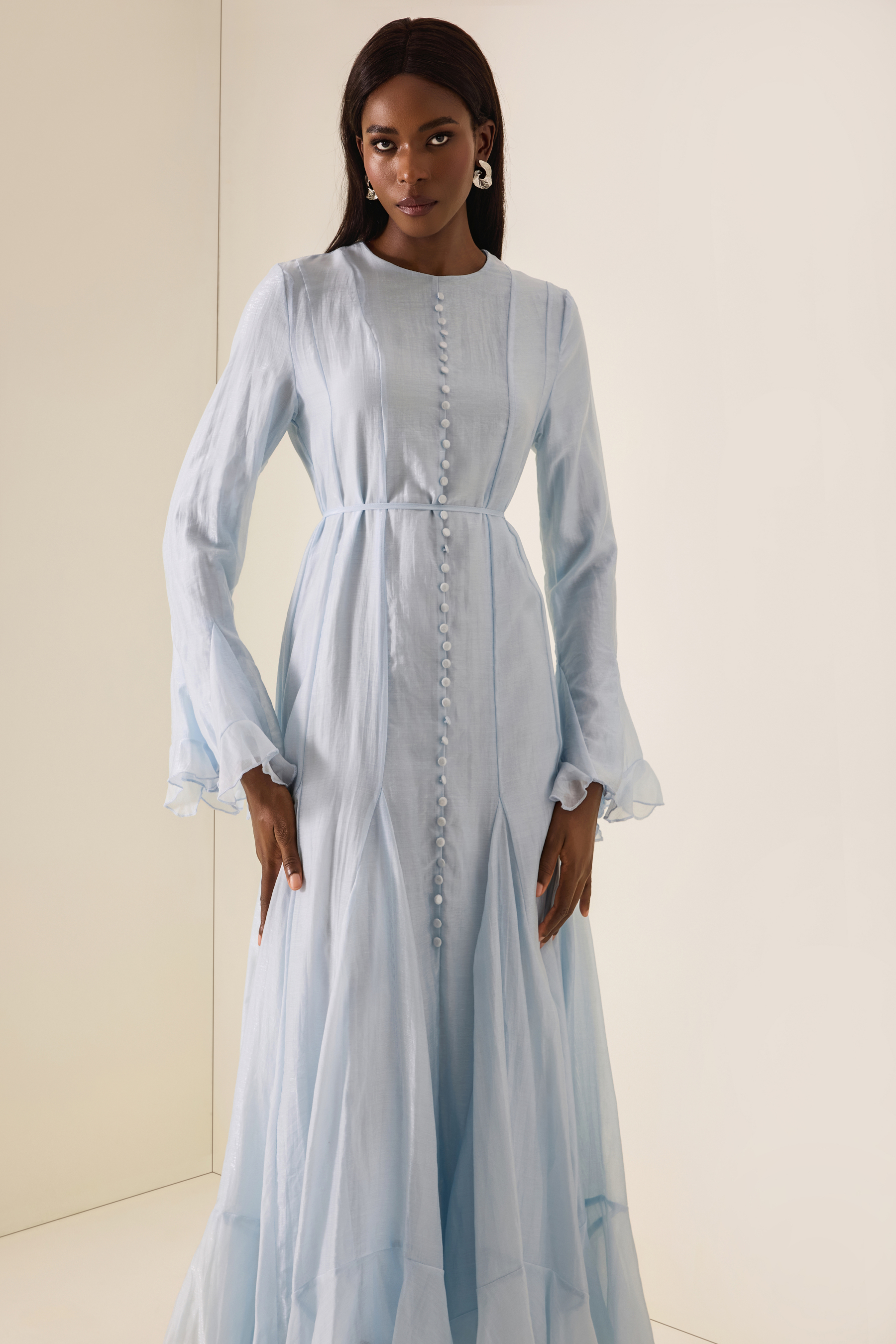Ruffle Single Breasted Bell Sleeve Midi Dress