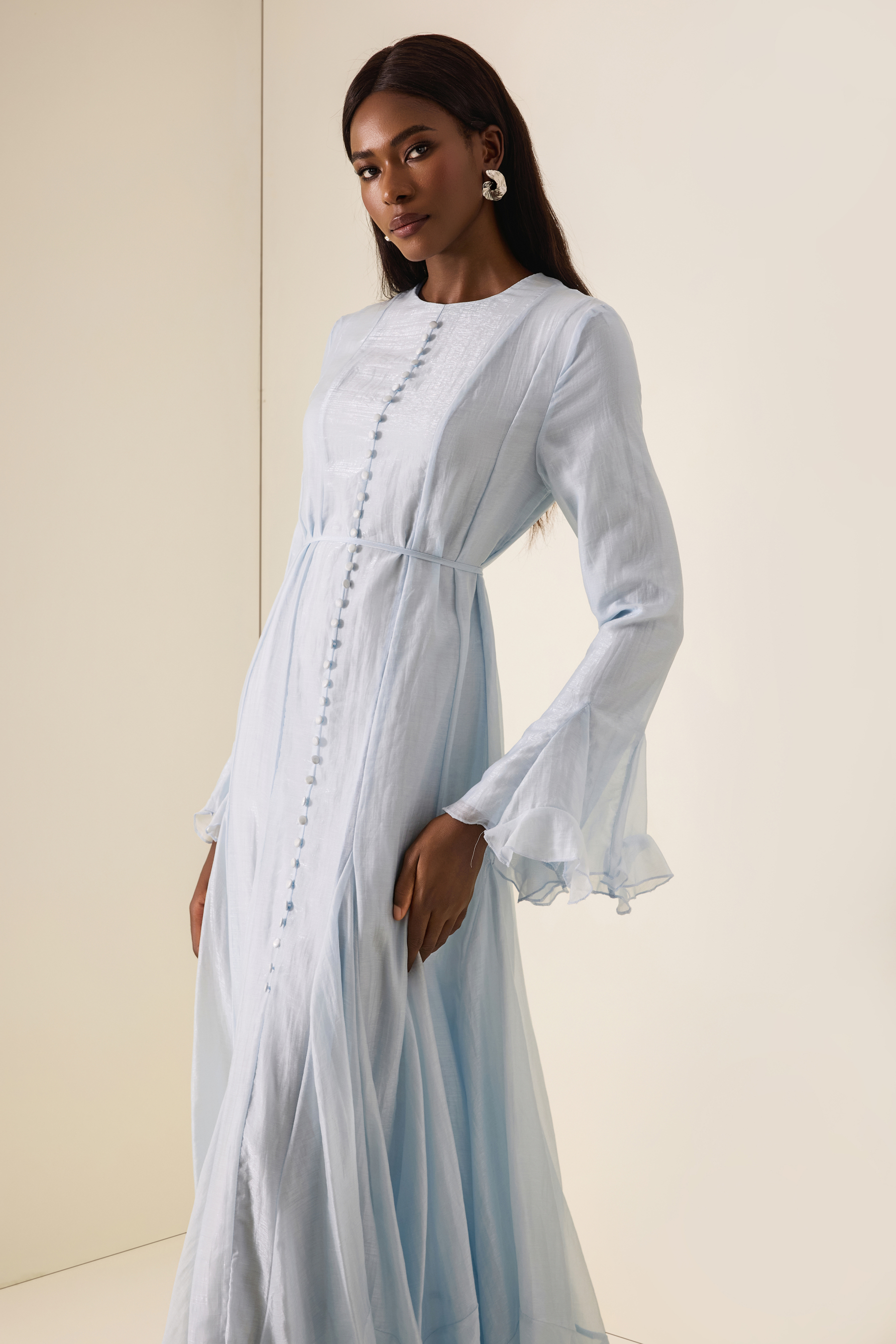 Ruffle Single Breasted Bell Sleeve Midi Dress