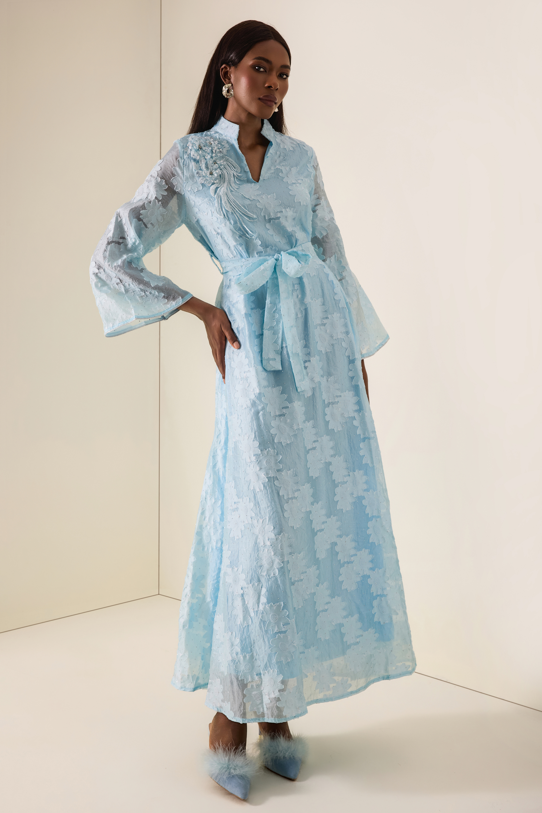 3D Flower Burn-Out Rhinestone Midi Dress