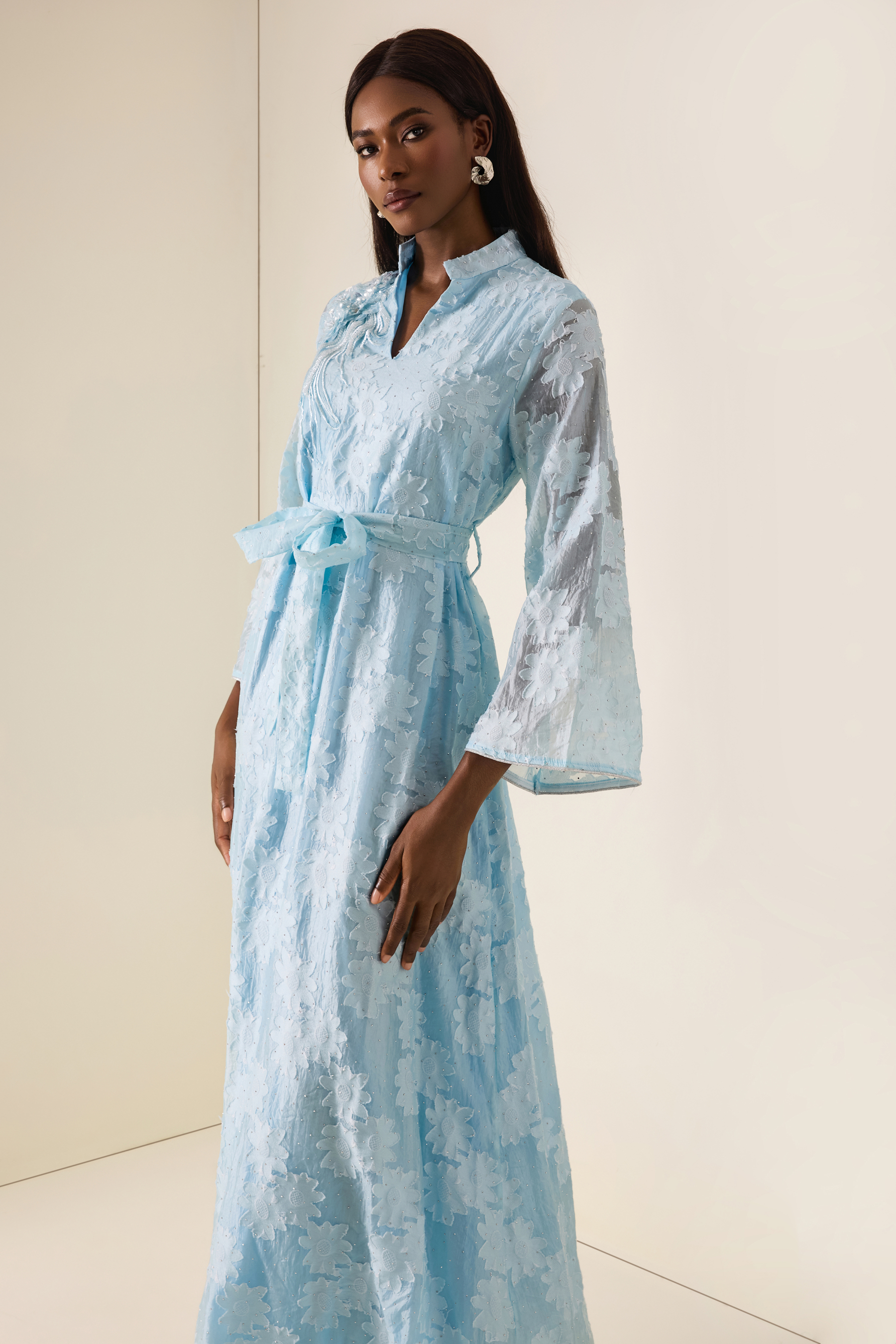 3D Flower Burn-Out Rhinestone Midi Dress