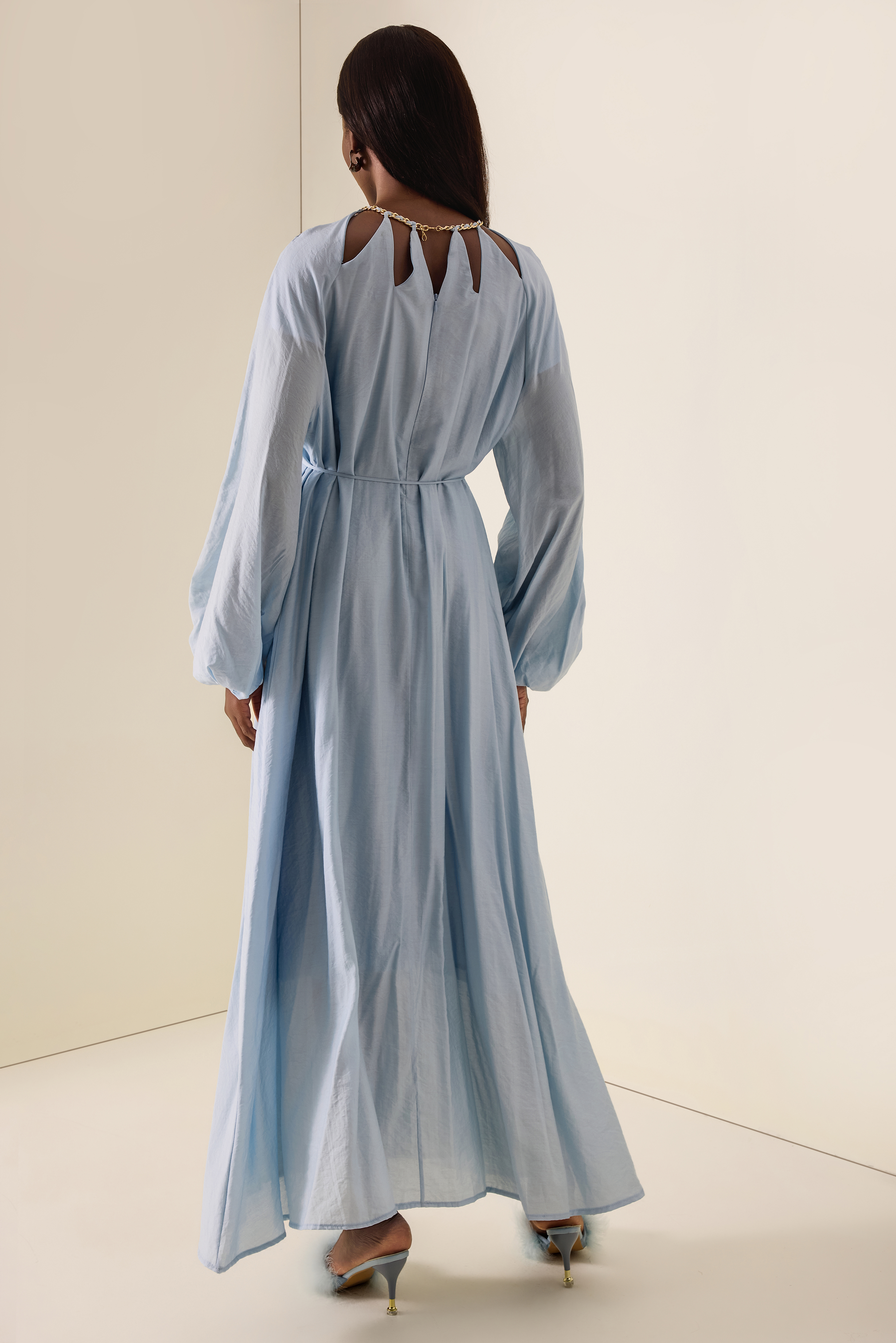 Cut-Out Lantern Sleeve Lace-Up Midi Dress