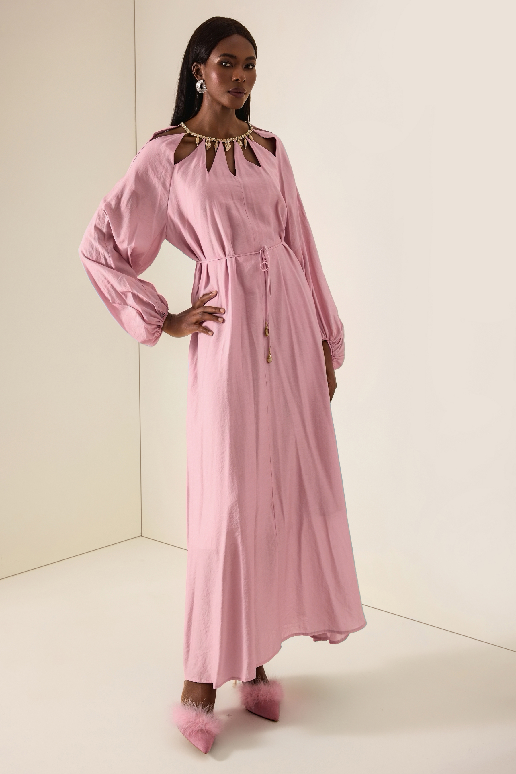 Cut-Out Lantern Sleeve Lace-Up Midi Dress
