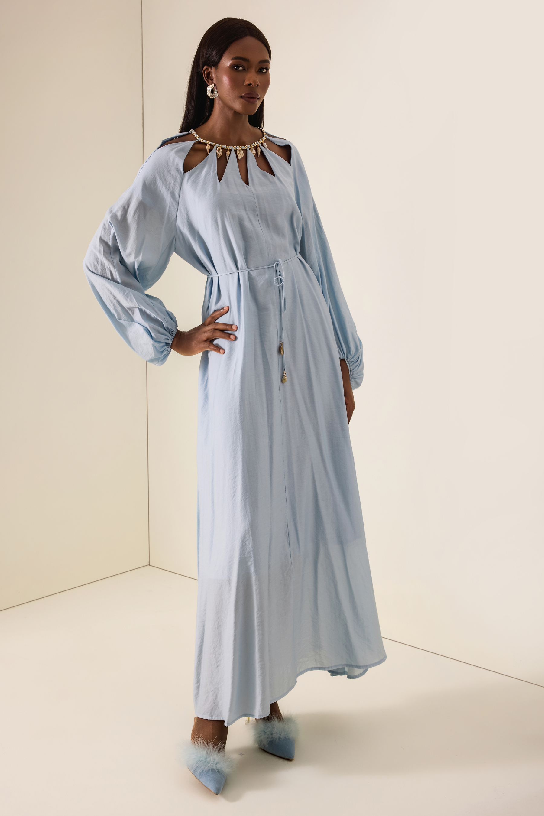 Cut-Out Lantern Sleeve Lace-Up Midi Dress