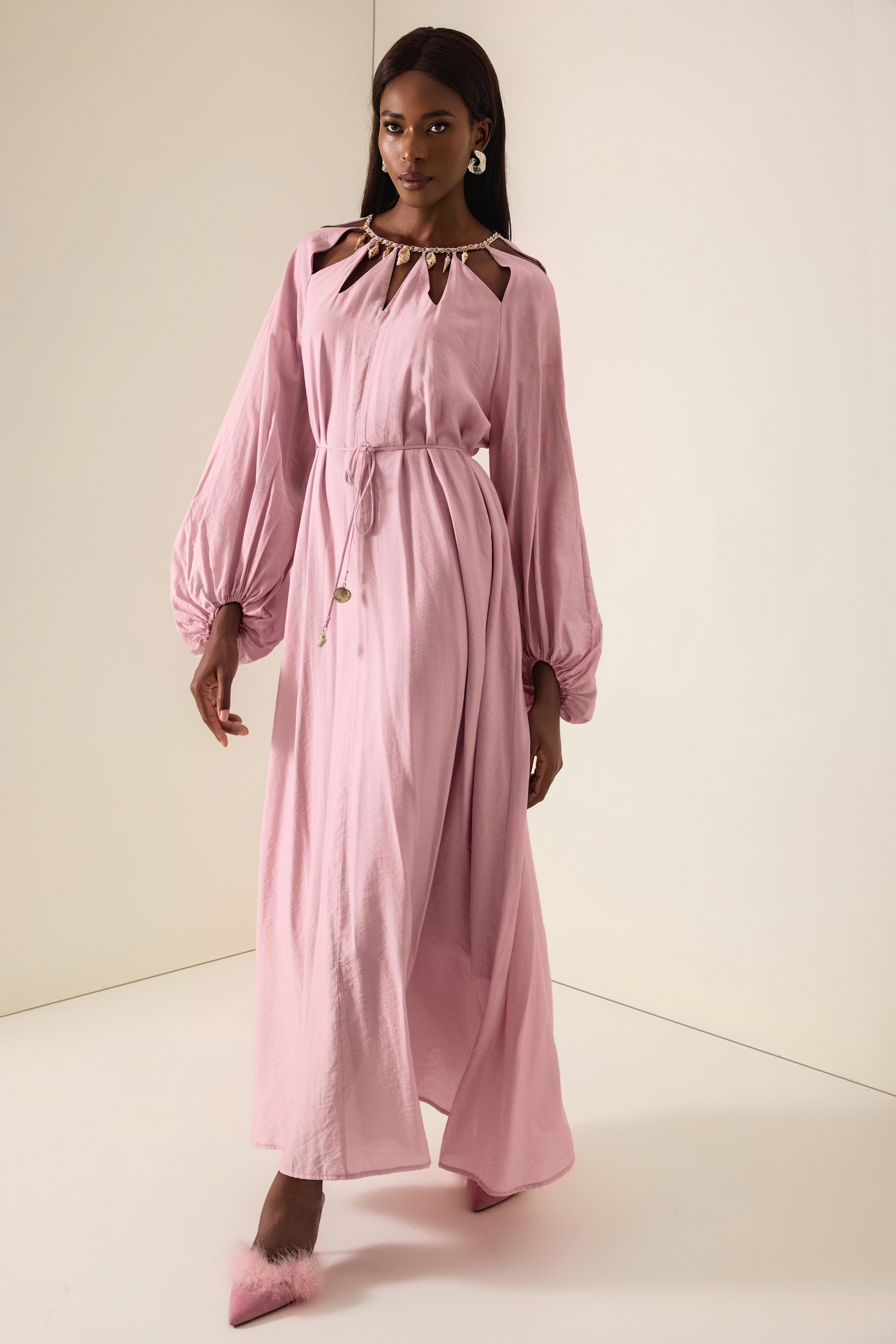 Cut-Out Lantern Sleeve Lace-Up Midi Dress