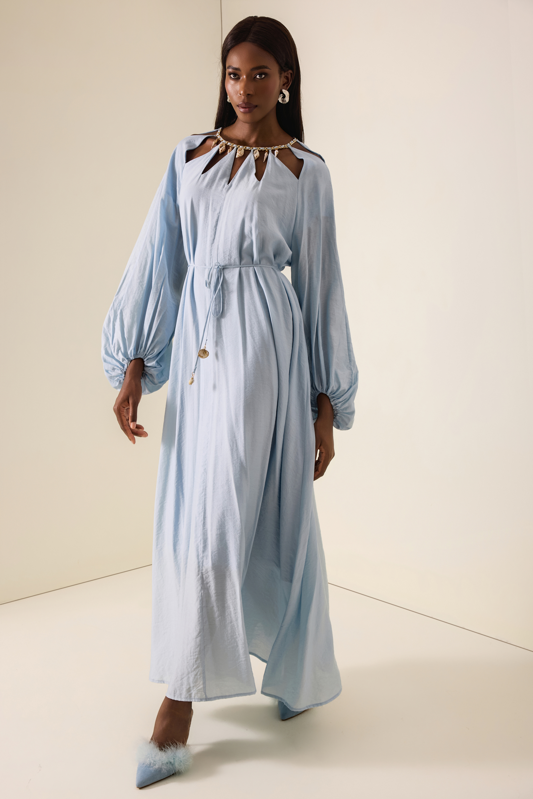 Cut-Out Lantern Sleeve Lace-Up Midi Dress