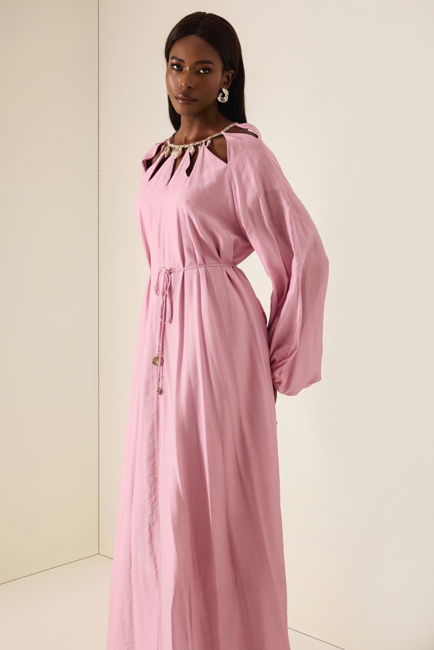 Cut-Out Lantern Sleeve Lace-Up Midi Dress