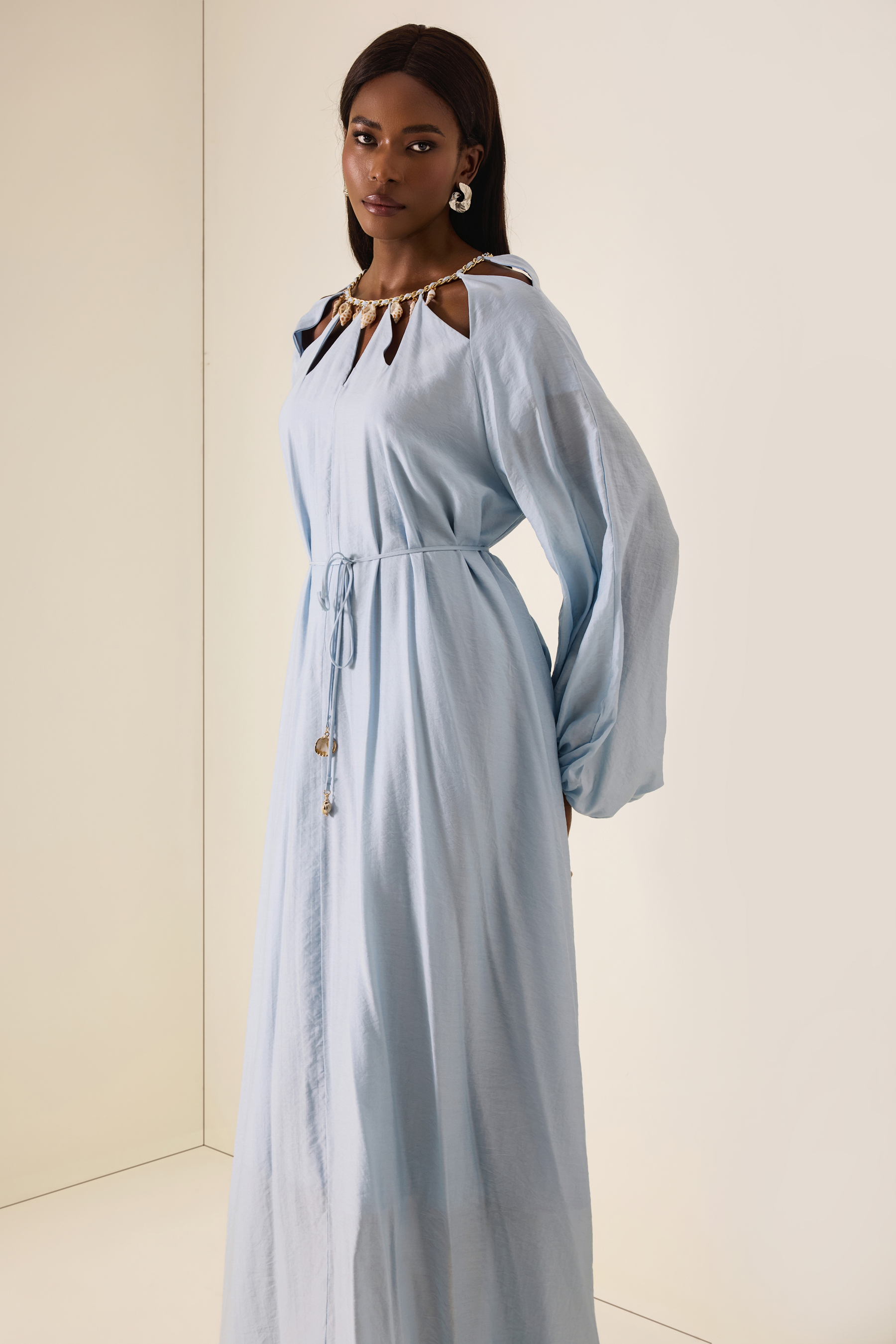 Cut-Out Lantern Sleeve Lace-Up Midi Dress