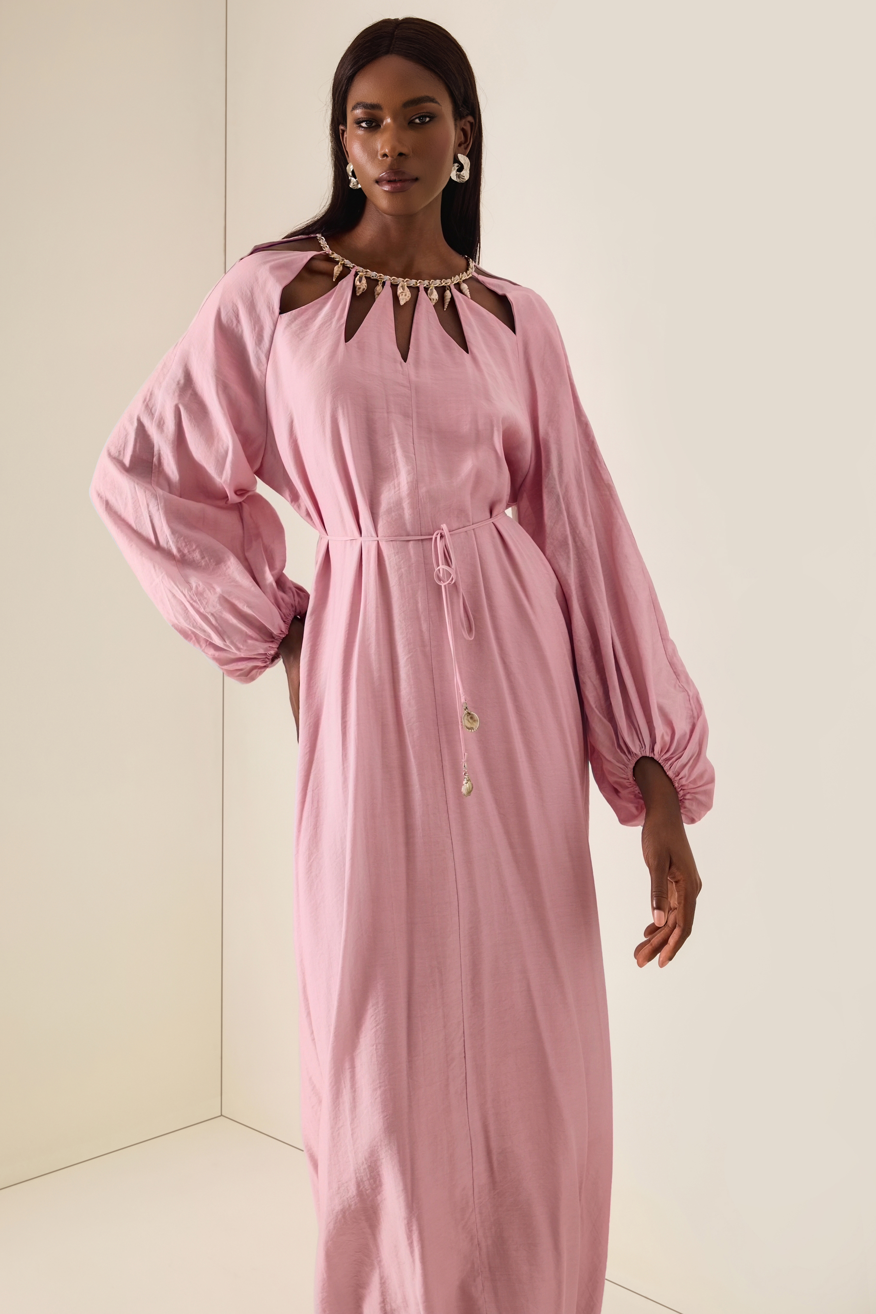Cut-Out Lantern Sleeve Lace-Up Midi Dress
