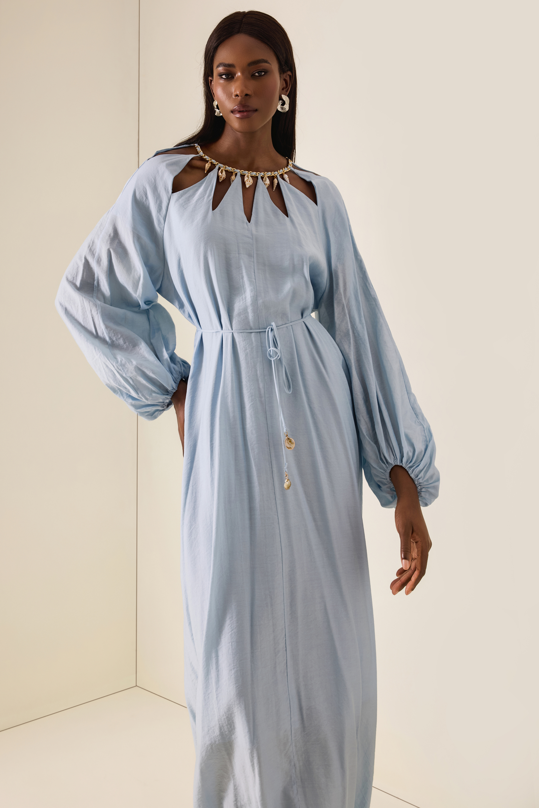 Cut-Out Lantern Sleeve Lace-Up Midi Dress