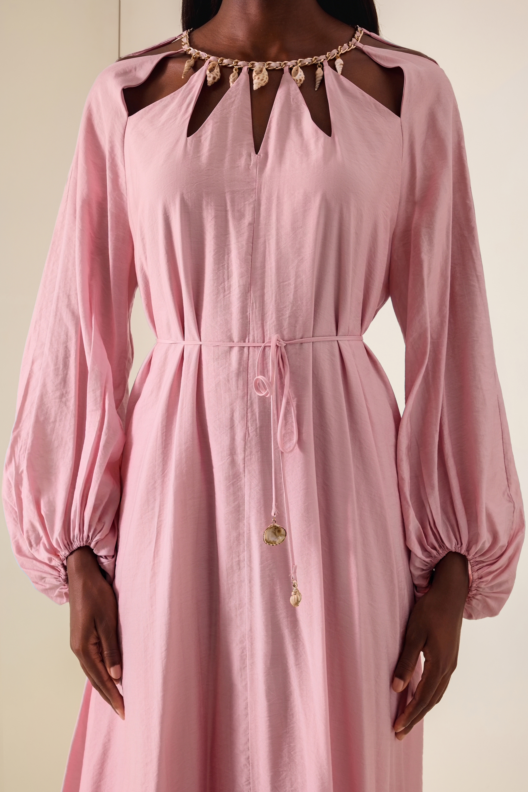 Cut-Out Lantern Sleeve Lace-Up Midi Dress
