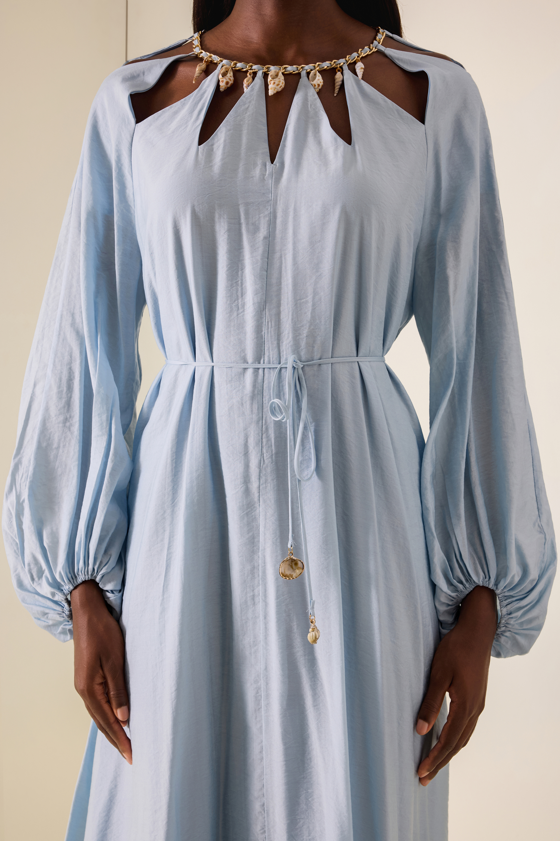 Cut-Out Lantern Sleeve Lace-Up Midi Dress