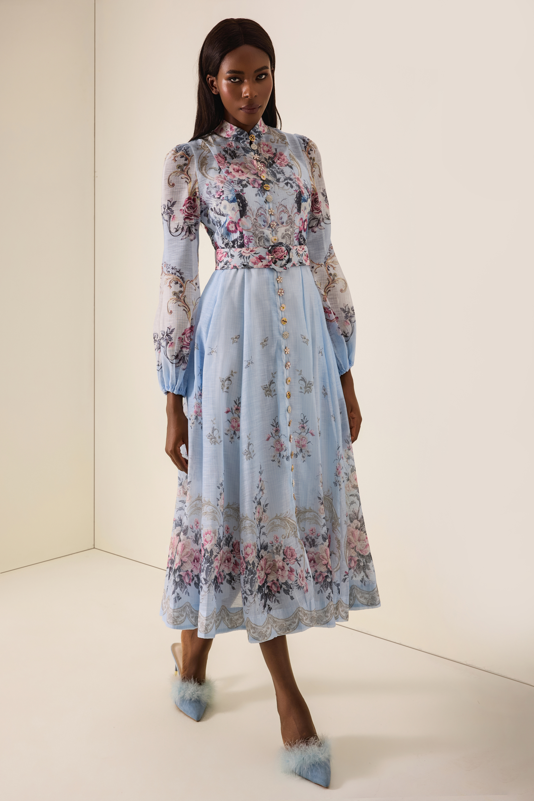 Floral Button Midi Dress With Belt