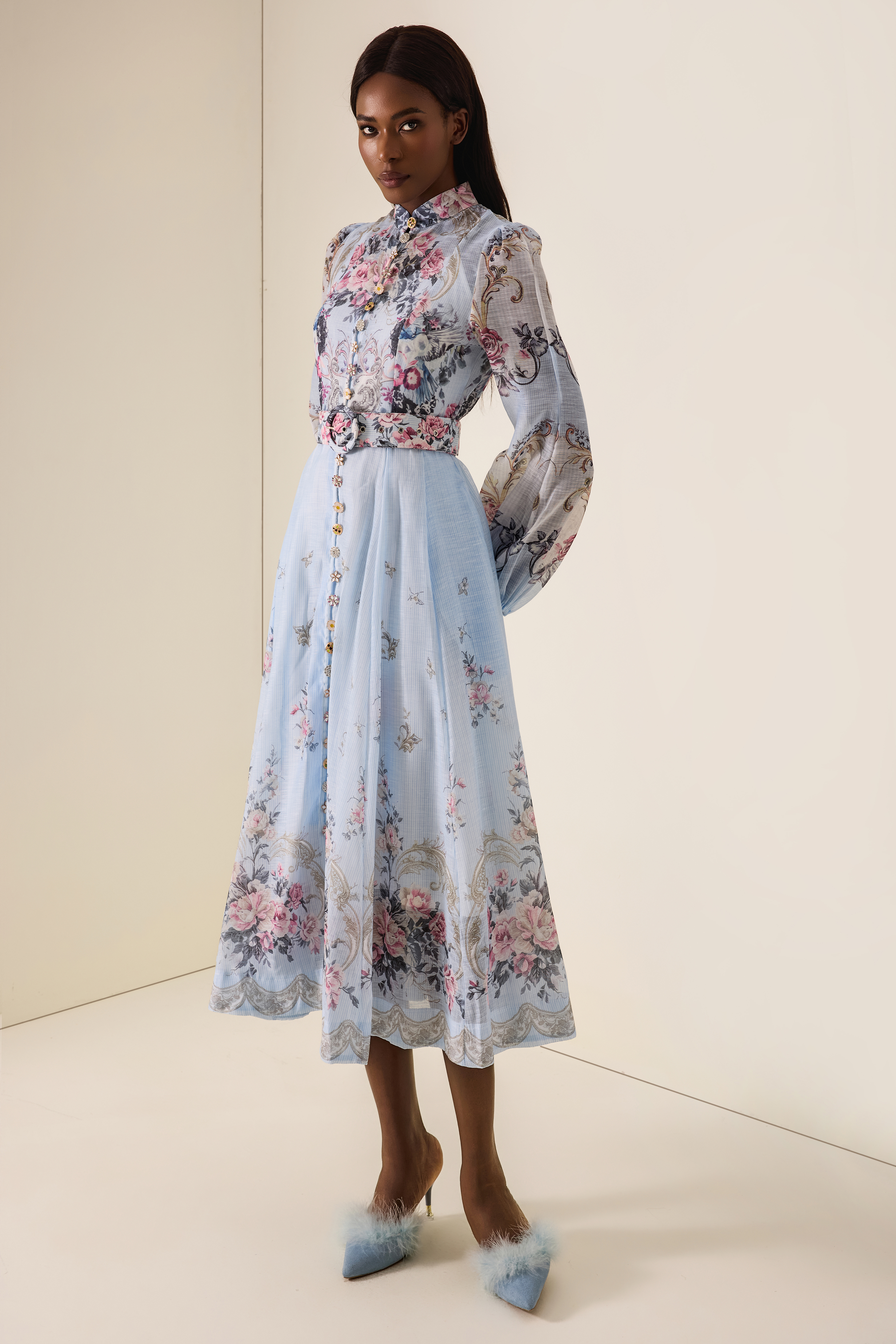Floral Button Midi Dress With Belt