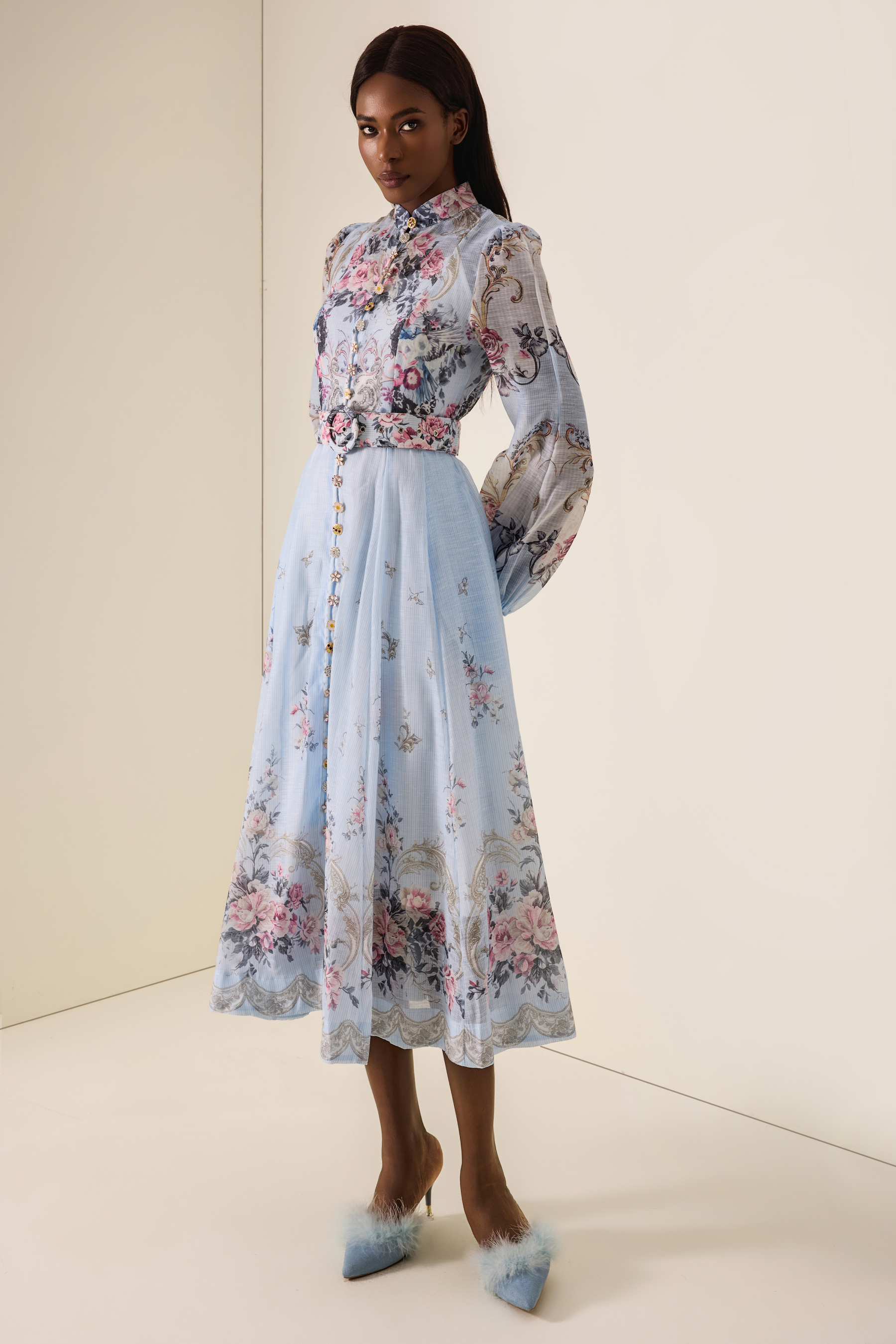 Floral Button Midi Dress With Belt