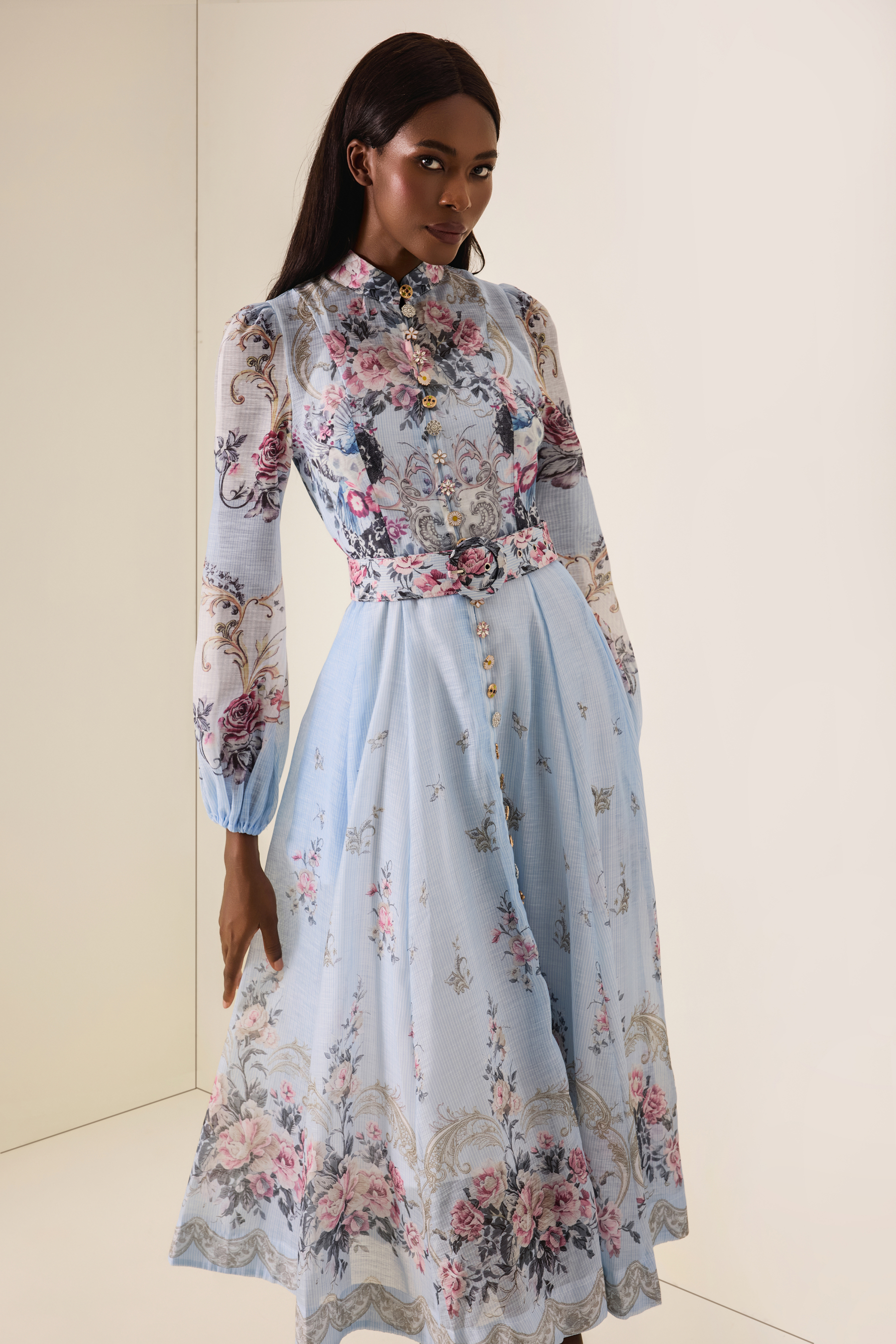 Floral Button Midi Dress With Belt