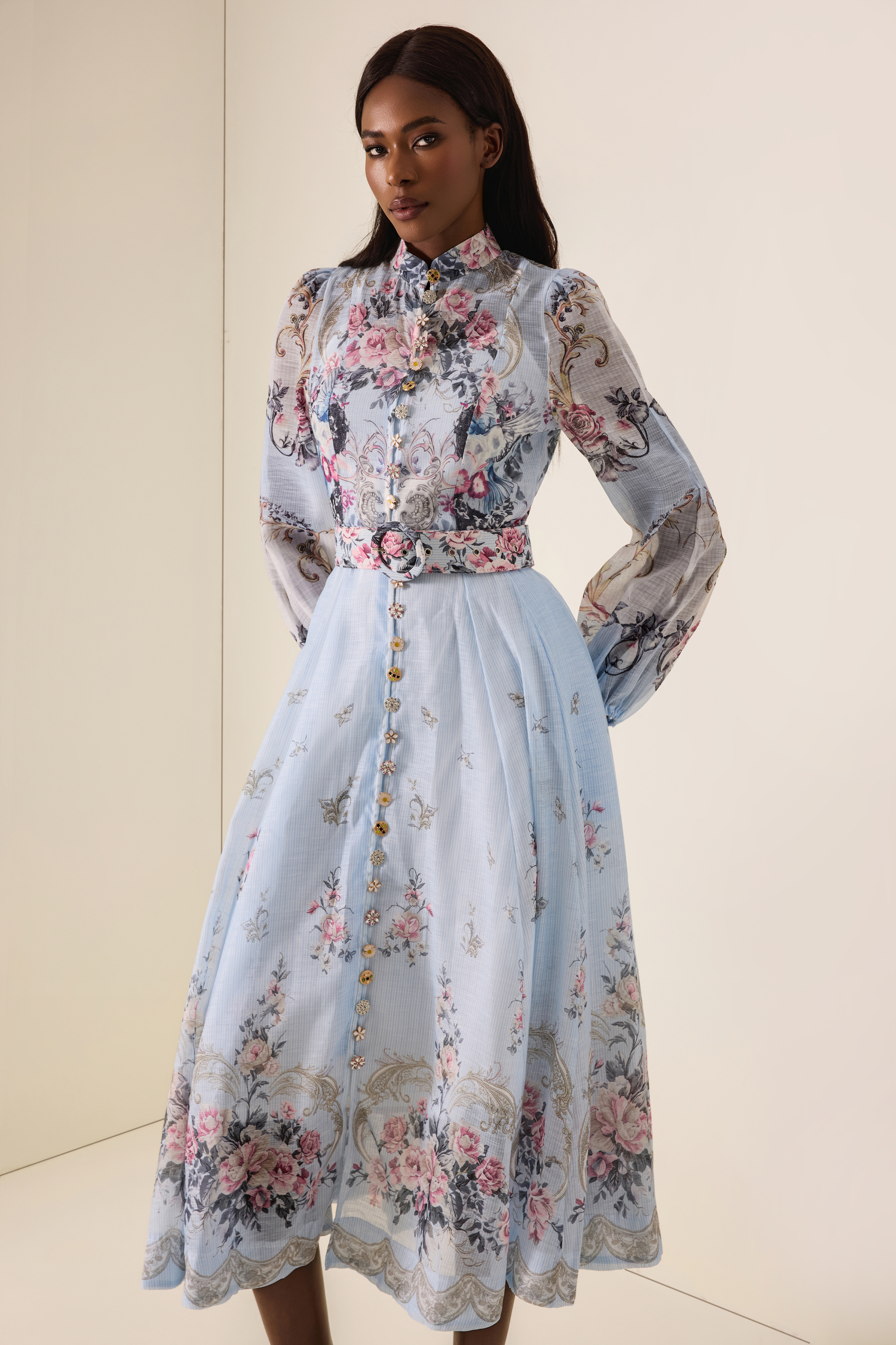 Floral Button Midi Dress With Belt