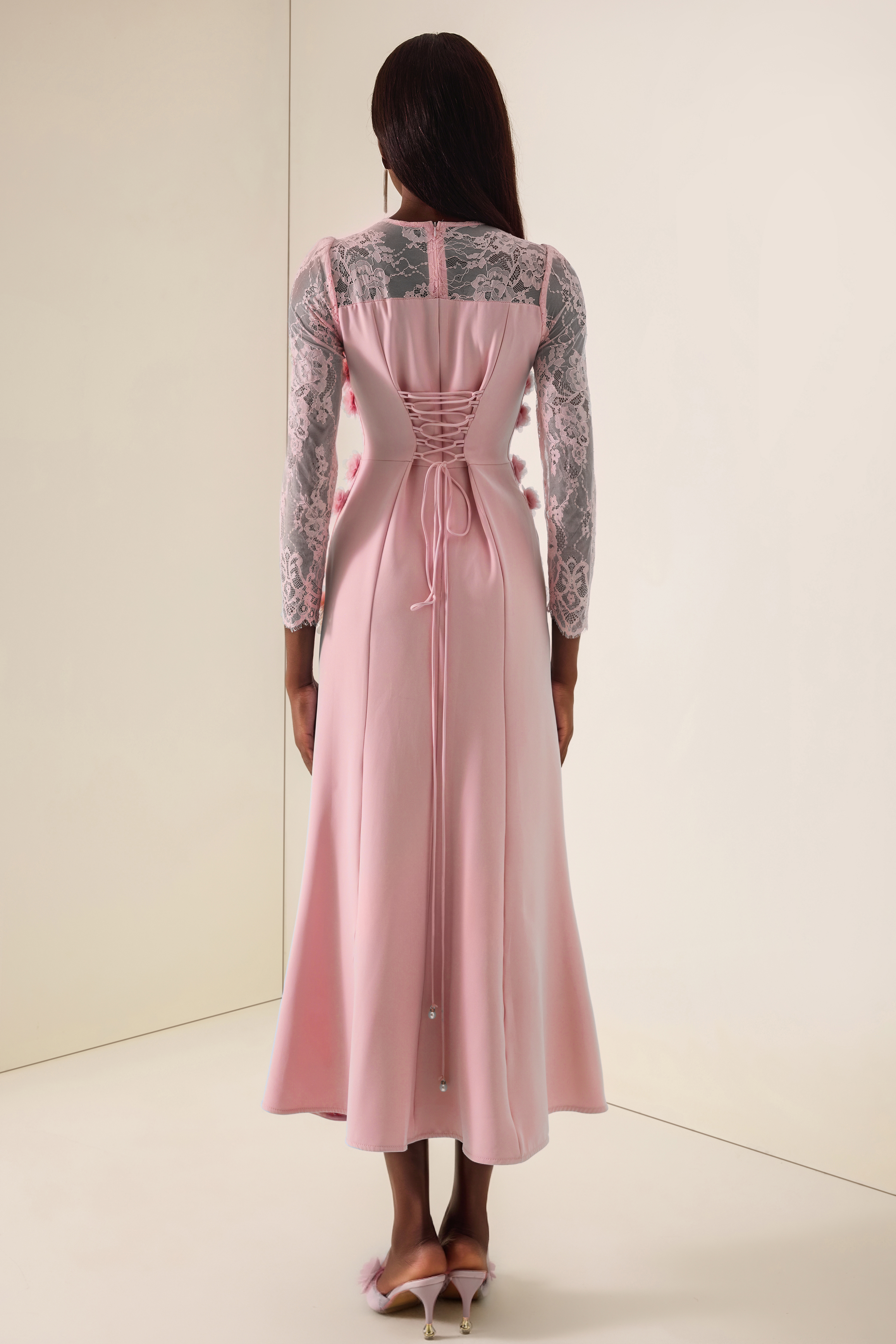 3D Flower Lace Long Sleeve Midi Dress