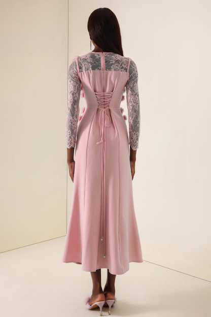 3D Flower Lace Long Sleeve Midi Dress