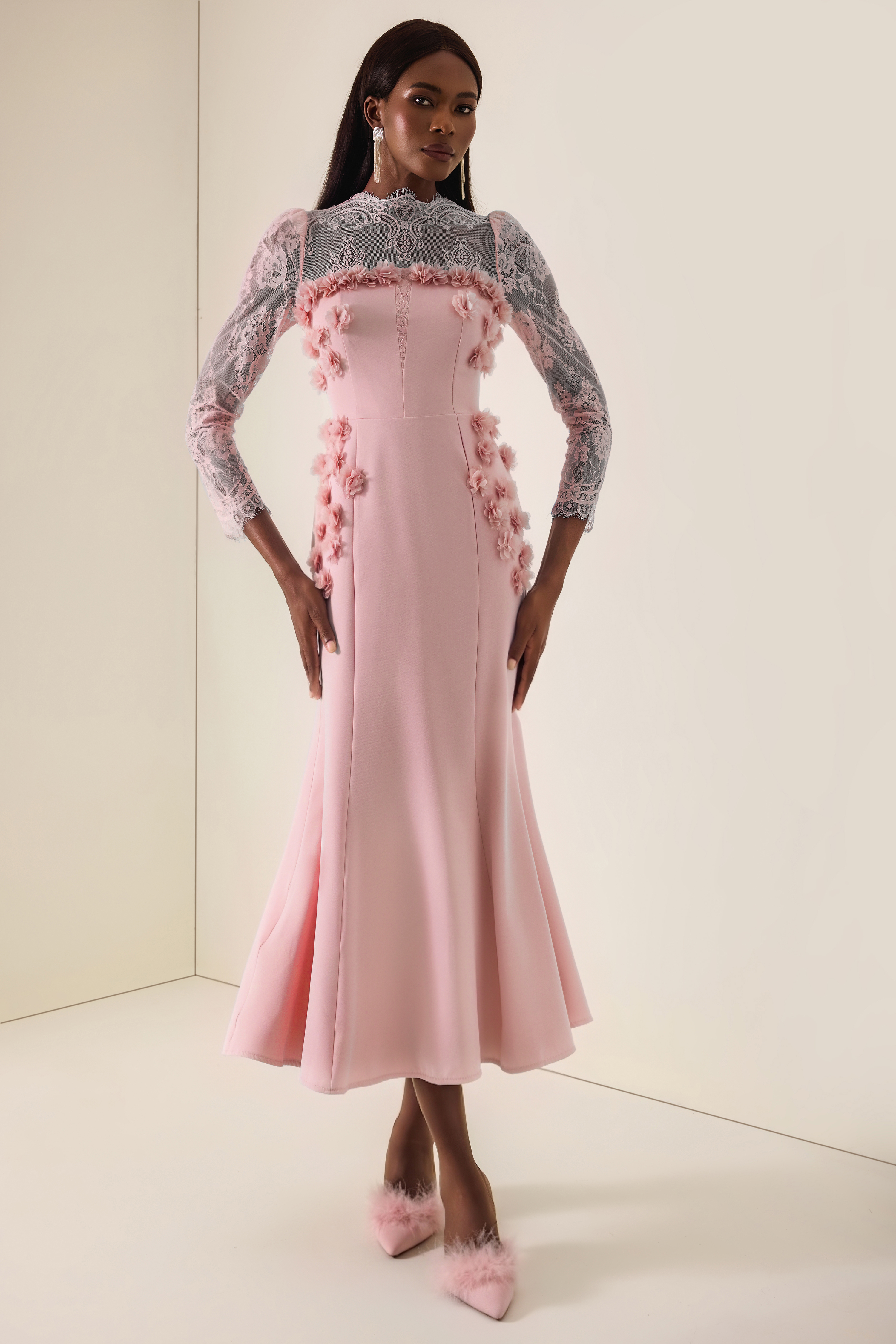 3D Flower Lace Long Sleeve Midi Dress
