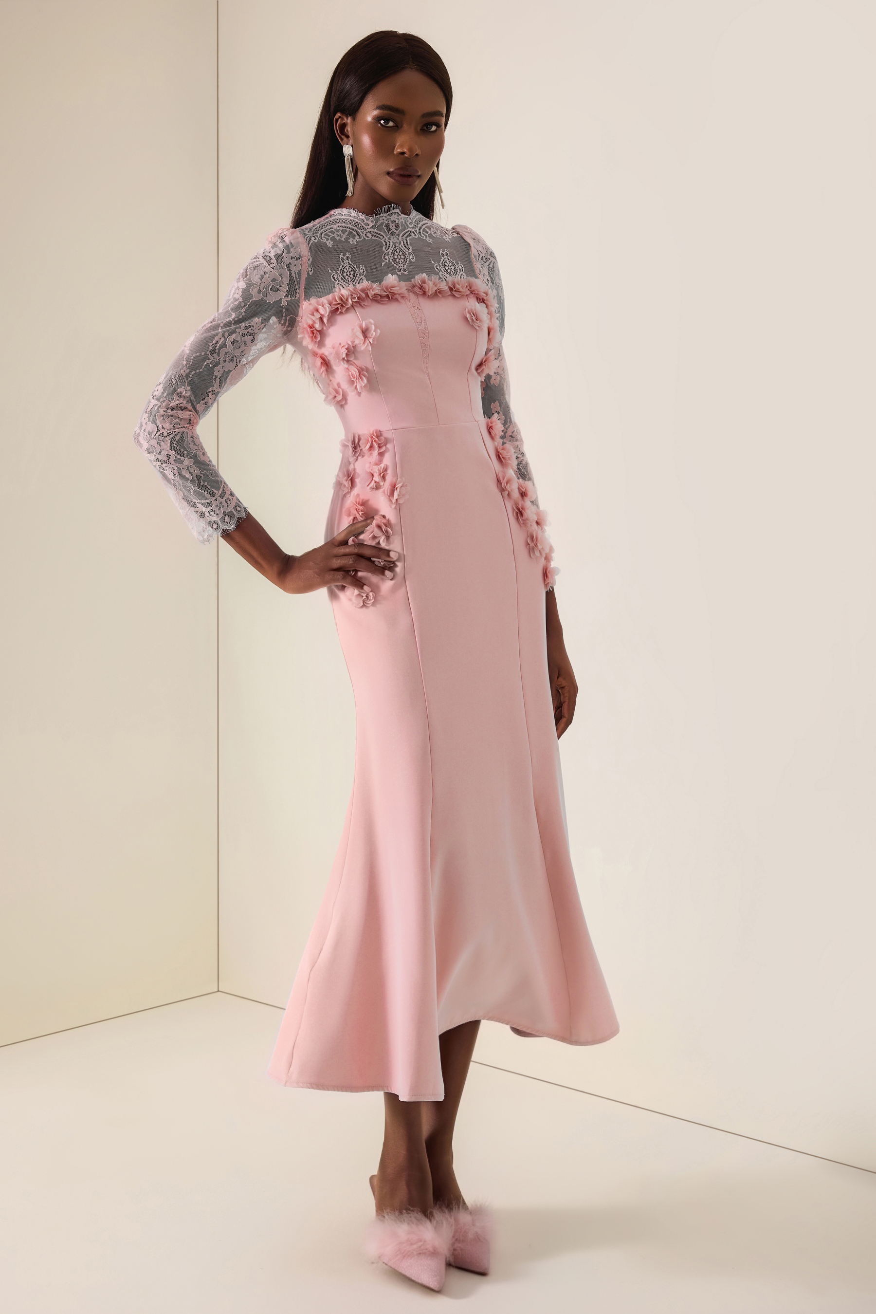 3D Flower Lace Long Sleeve Midi Dress