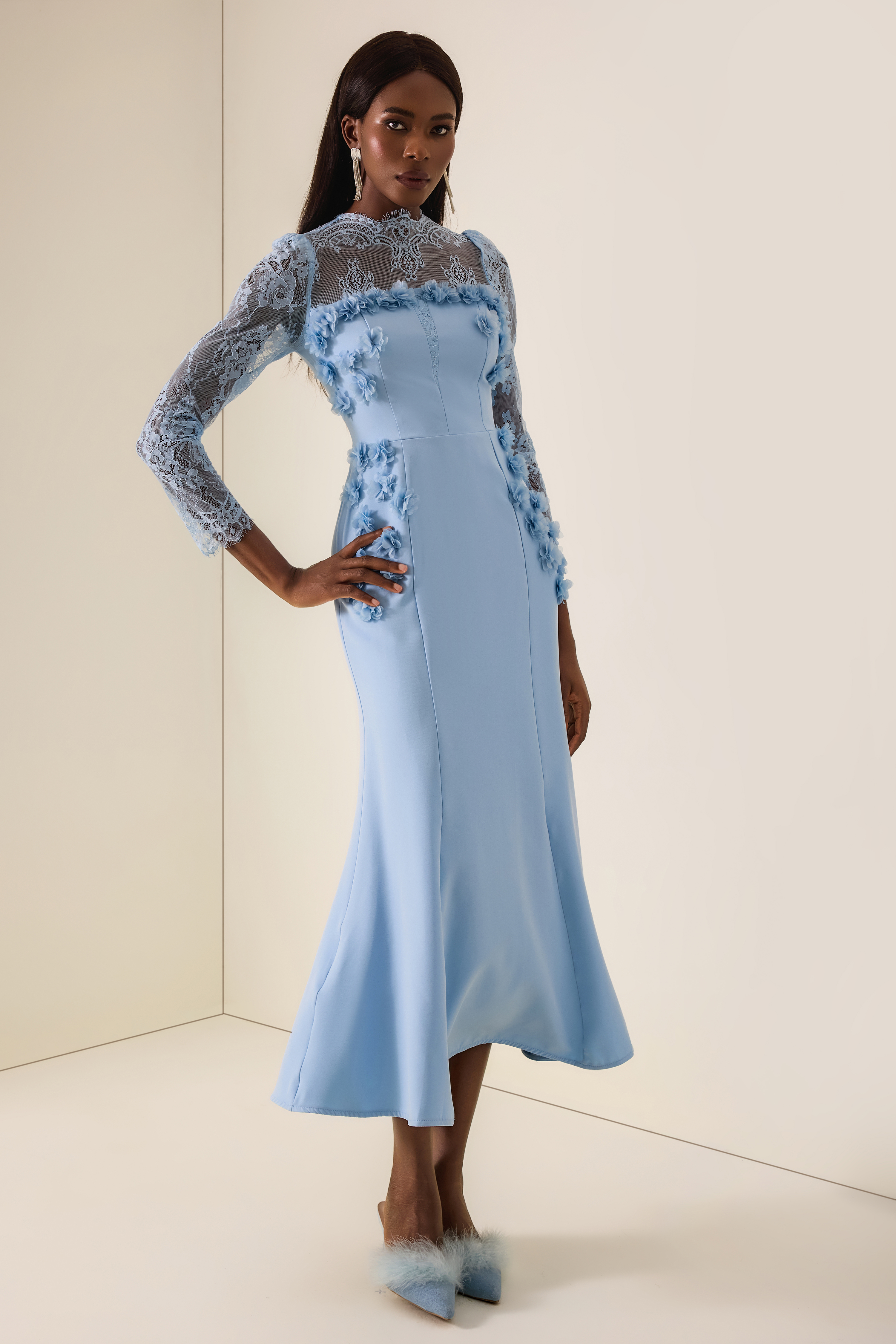 3D Flower Lace Long Sleeve Midi Dress