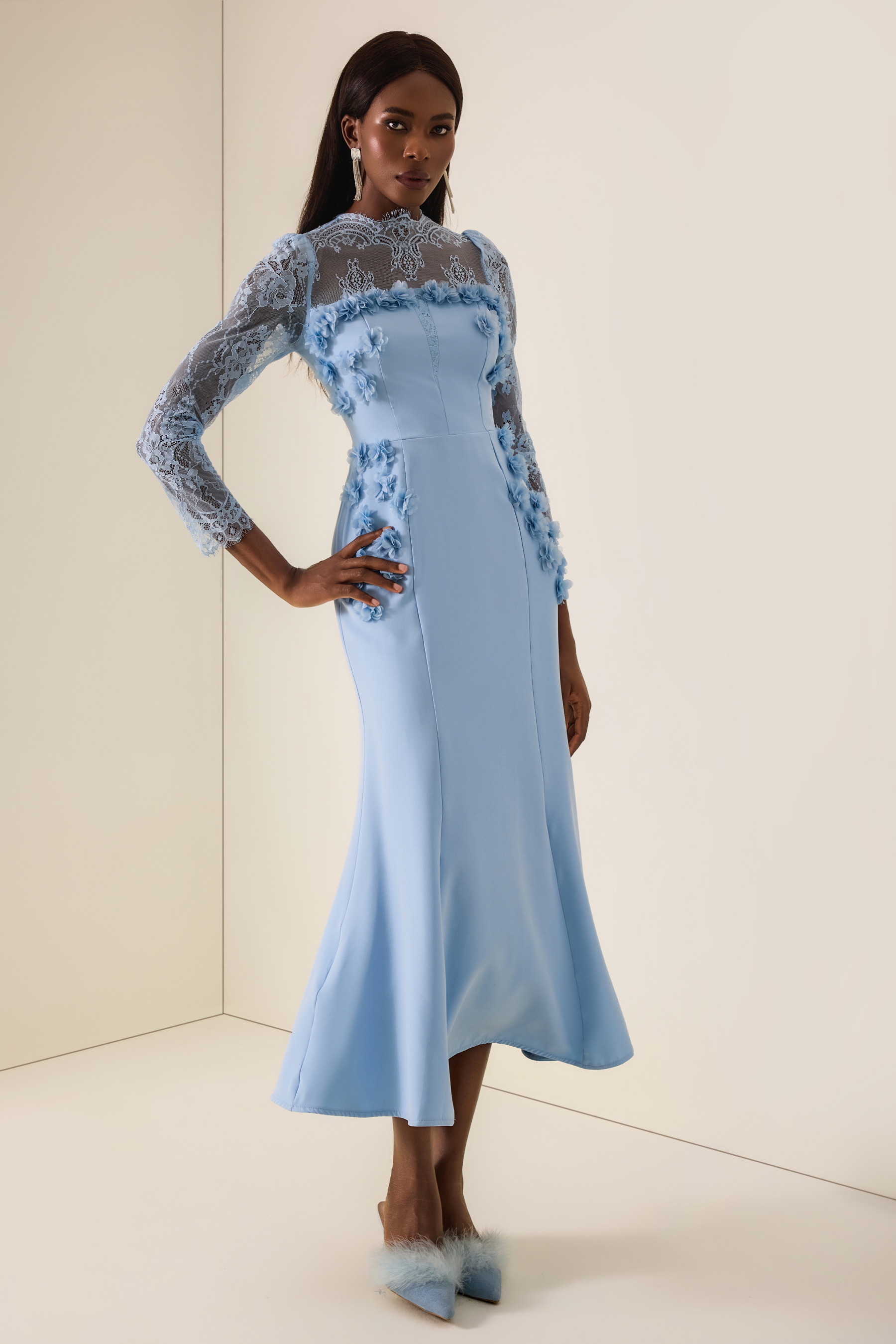 3D Flower Lace Long Sleeve Midi Dress
