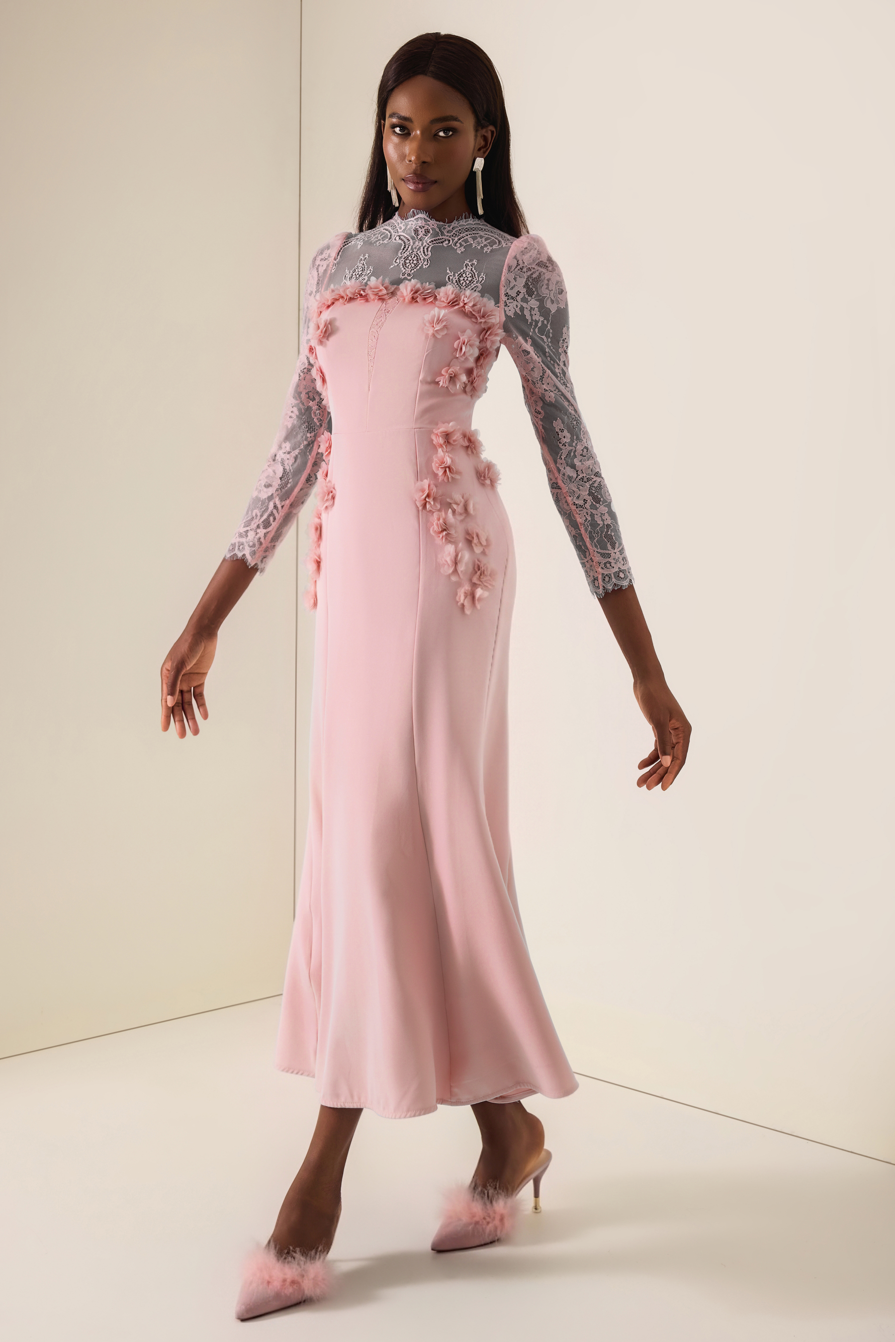 3D Flower Lace Long Sleeve Midi Dress