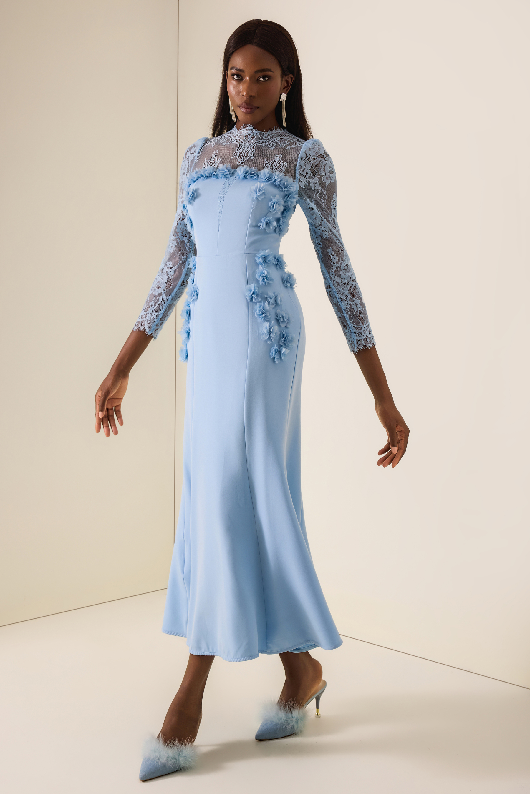 3D Flower Lace Long Sleeve Midi Dress