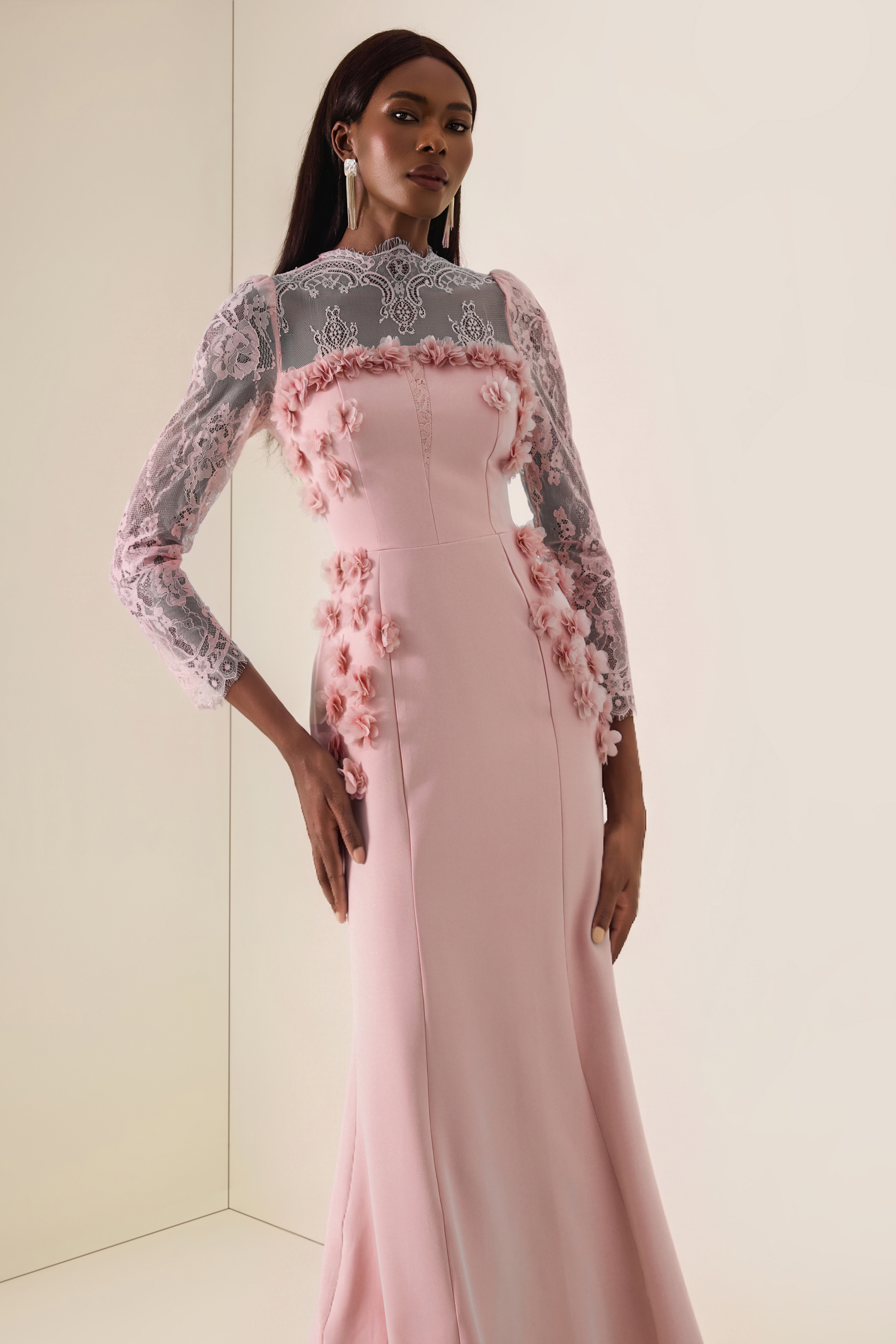 3D Flower Lace Long Sleeve Midi Dress