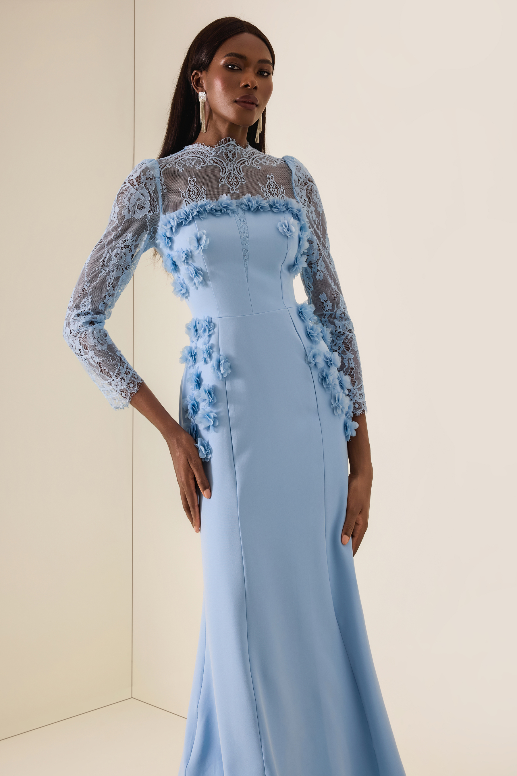 3D Flower Lace Long Sleeve Midi Dress