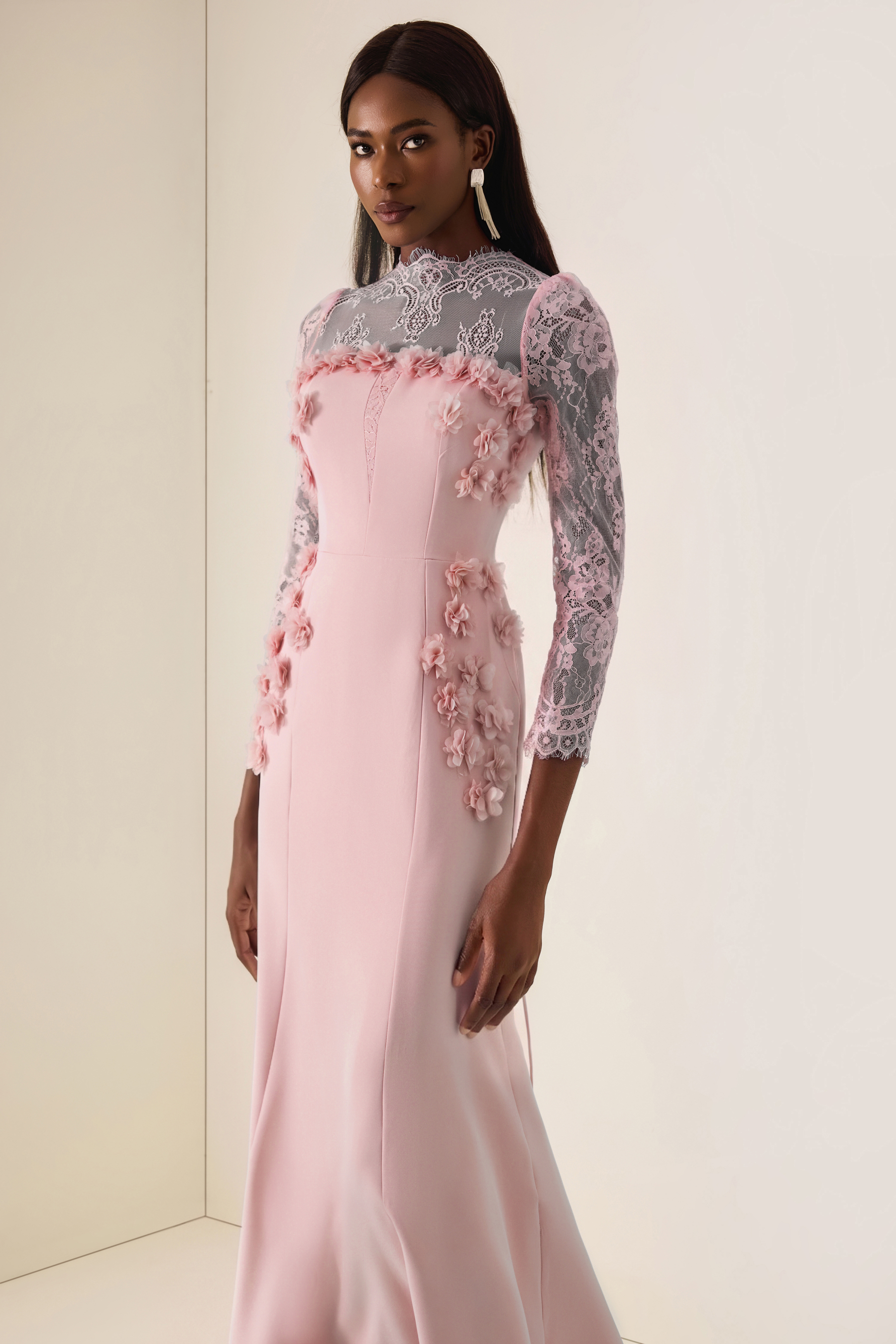 3D Flower Lace Long Sleeve Midi Dress