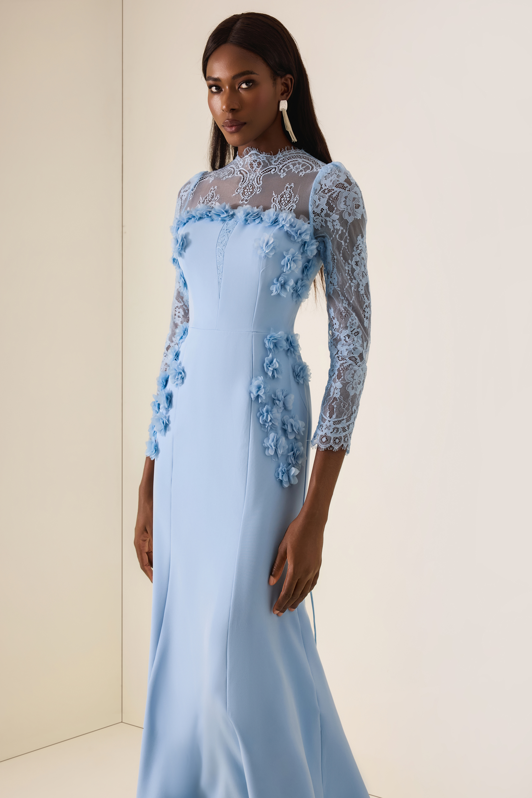 3D Flower Lace Long Sleeve Midi Dress