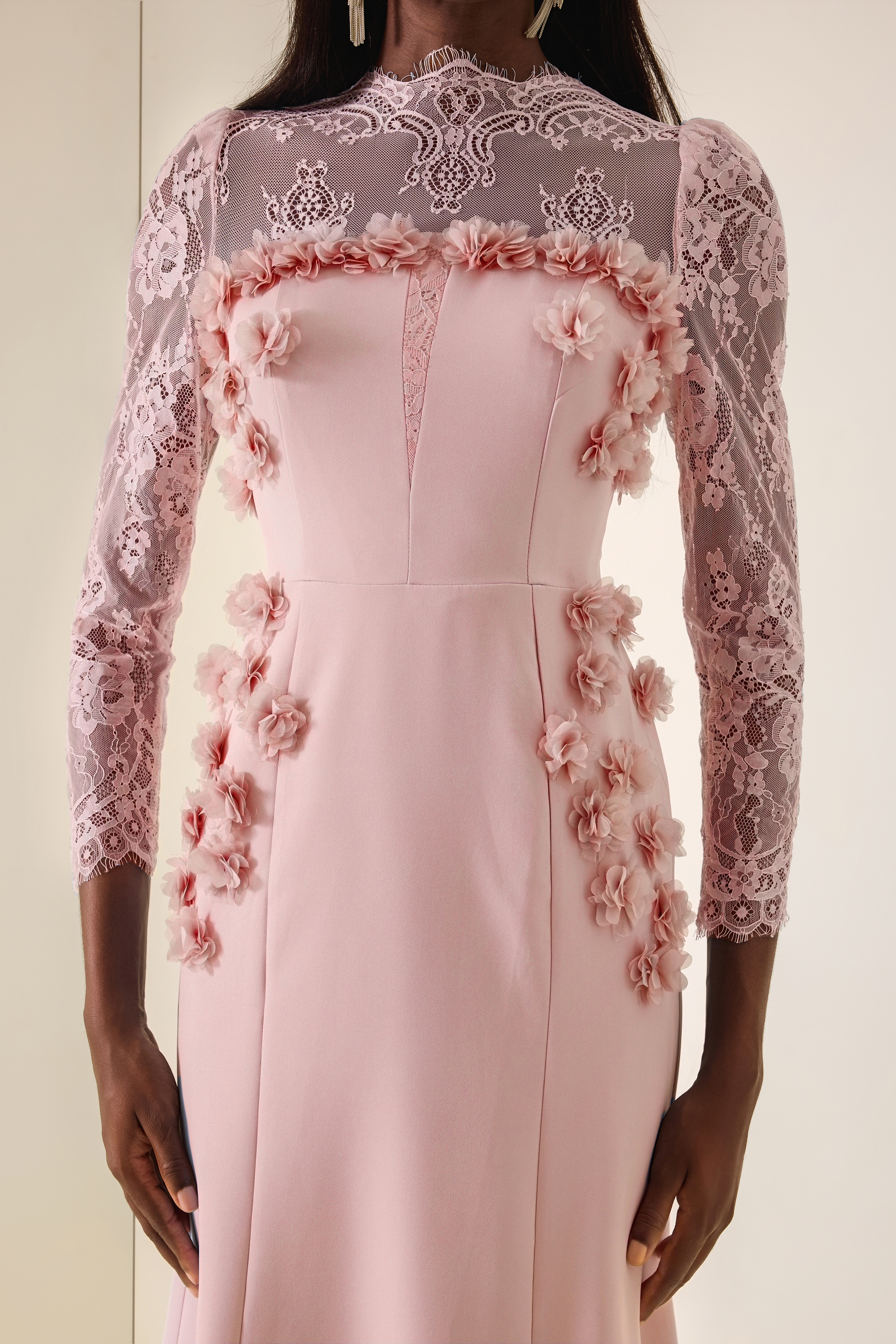 3D Flower Lace Long Sleeve Midi Dress
