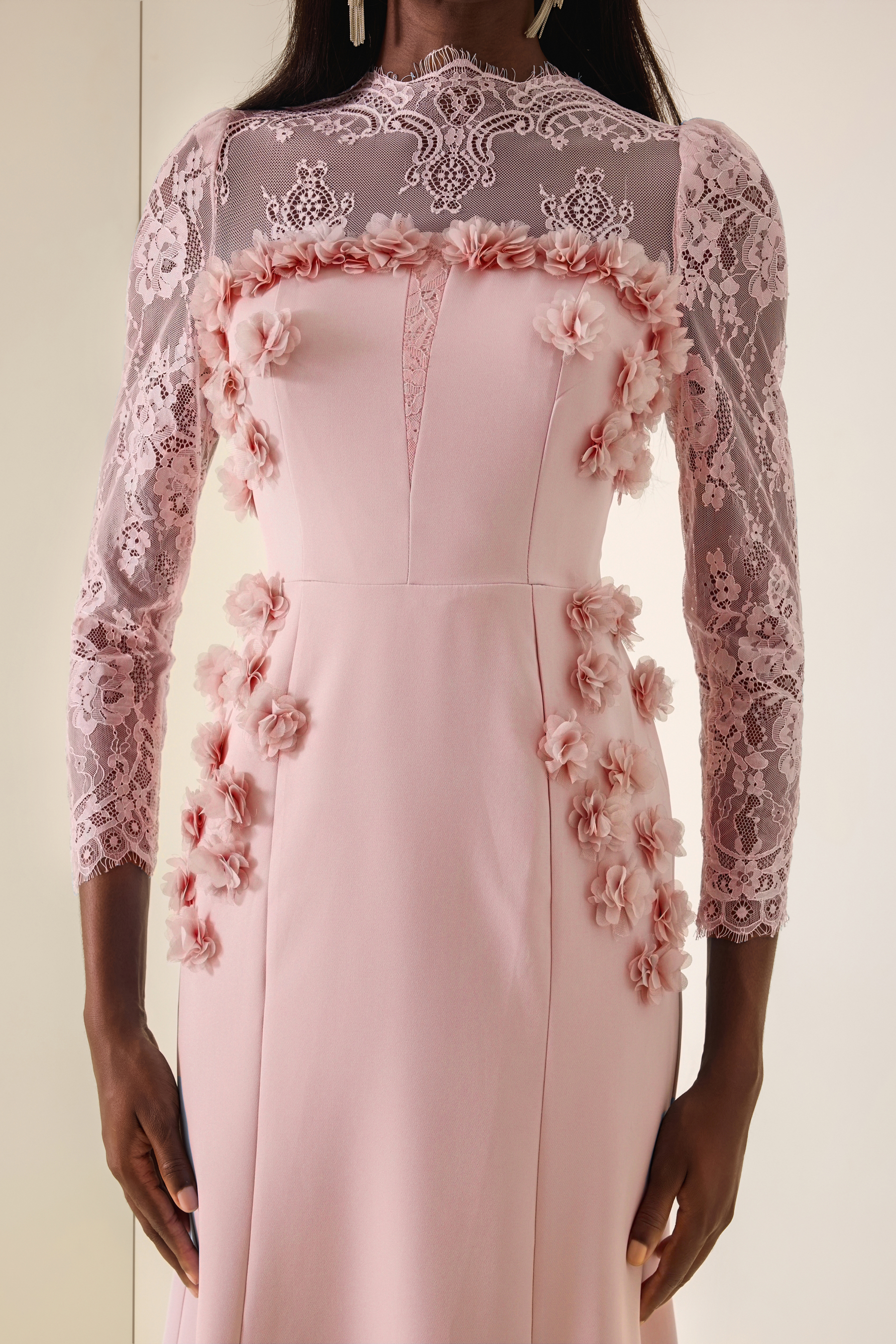 3D Flower Lace Long Sleeve Midi Dress