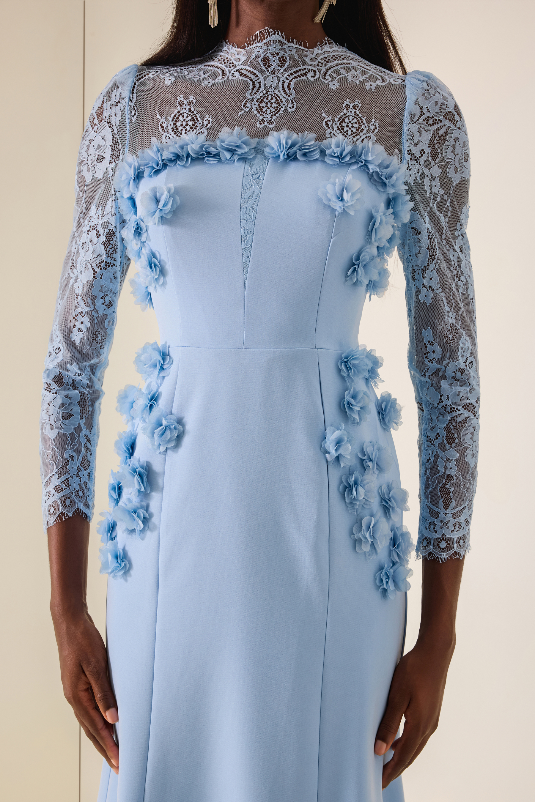 3D Flower Lace Long Sleeve Midi Dress