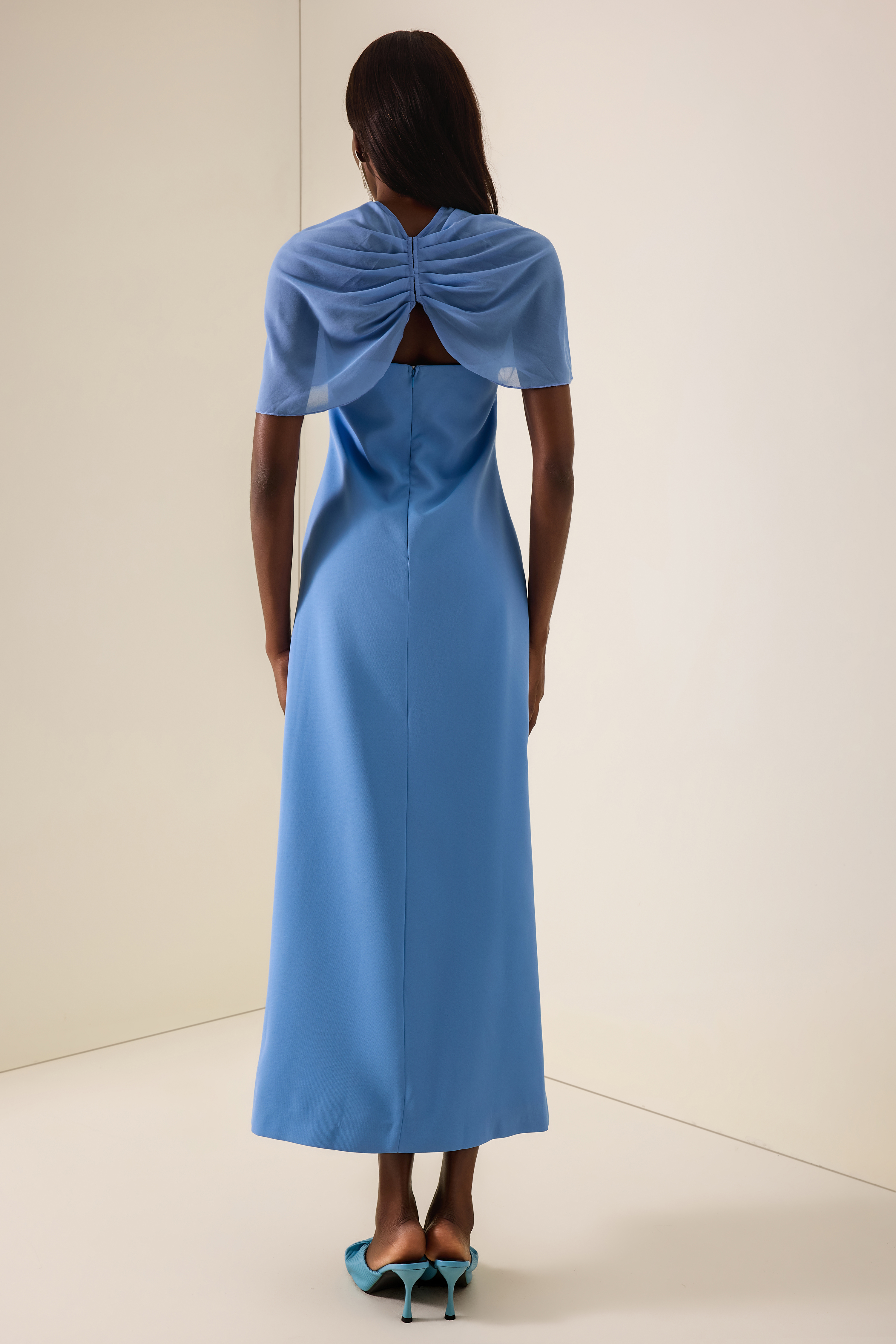 Embroidered Strapless Maxi Dress With Cape