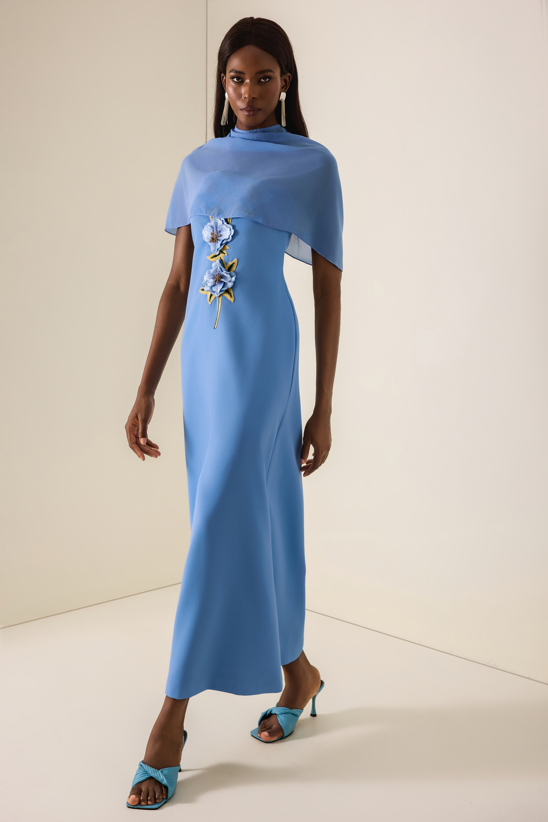 Embroidered Strapless Maxi Dress With Cape