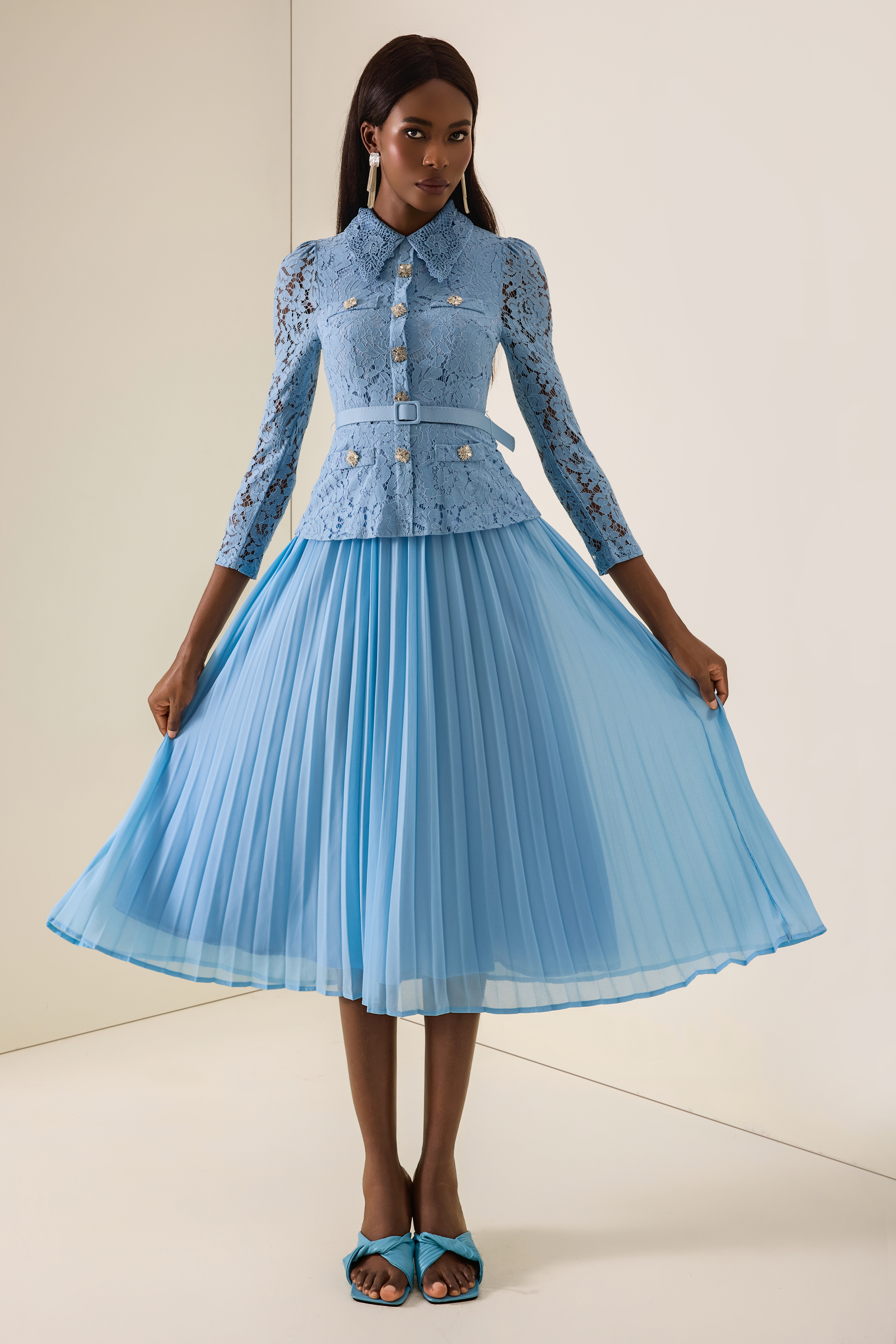 Lace Button Pleated Midi Dress