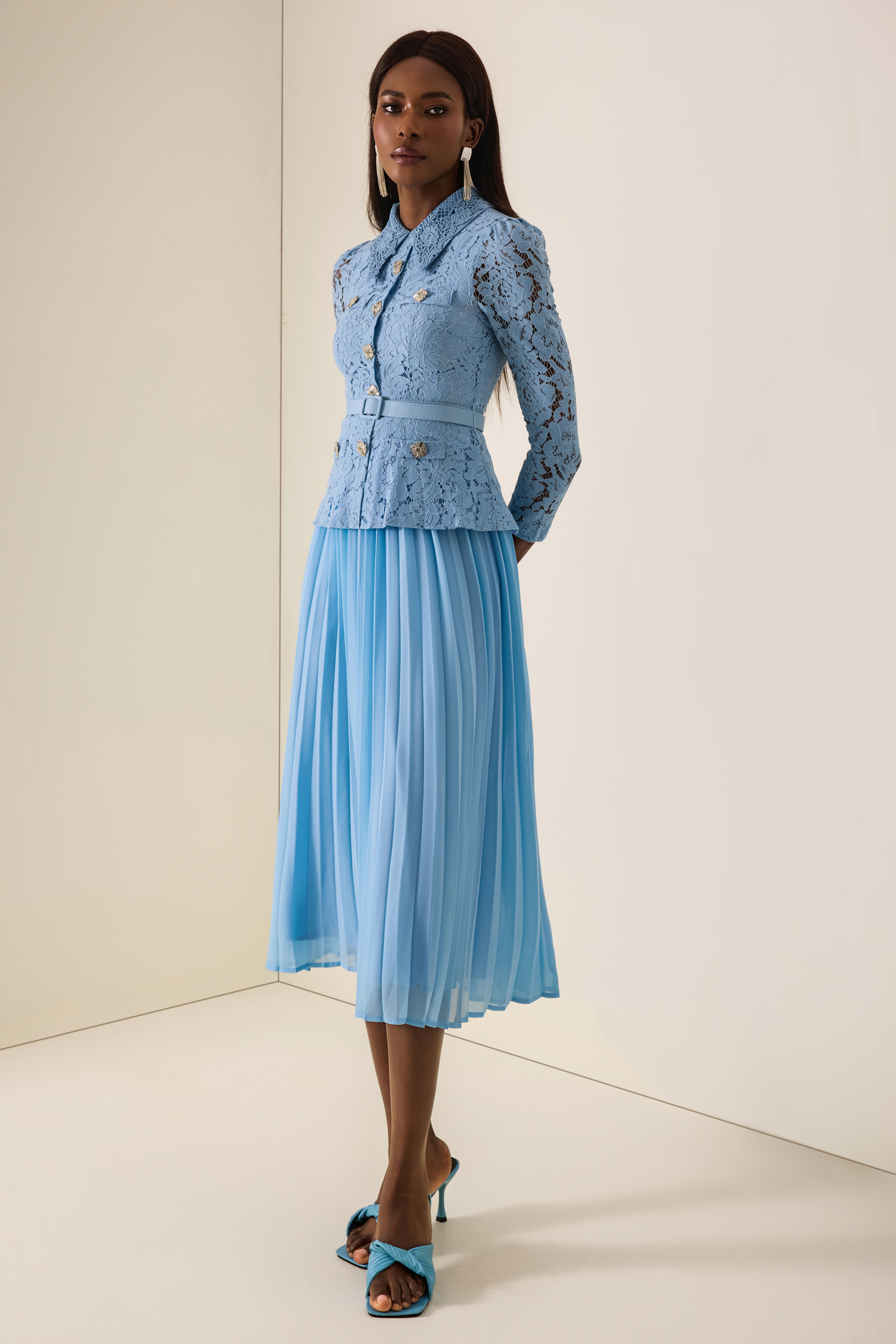 Lace Button Pleated Midi Dress