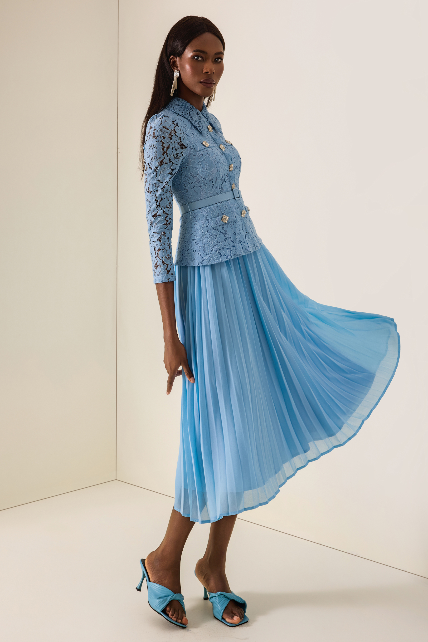 Lace Button Pleated Midi Dress