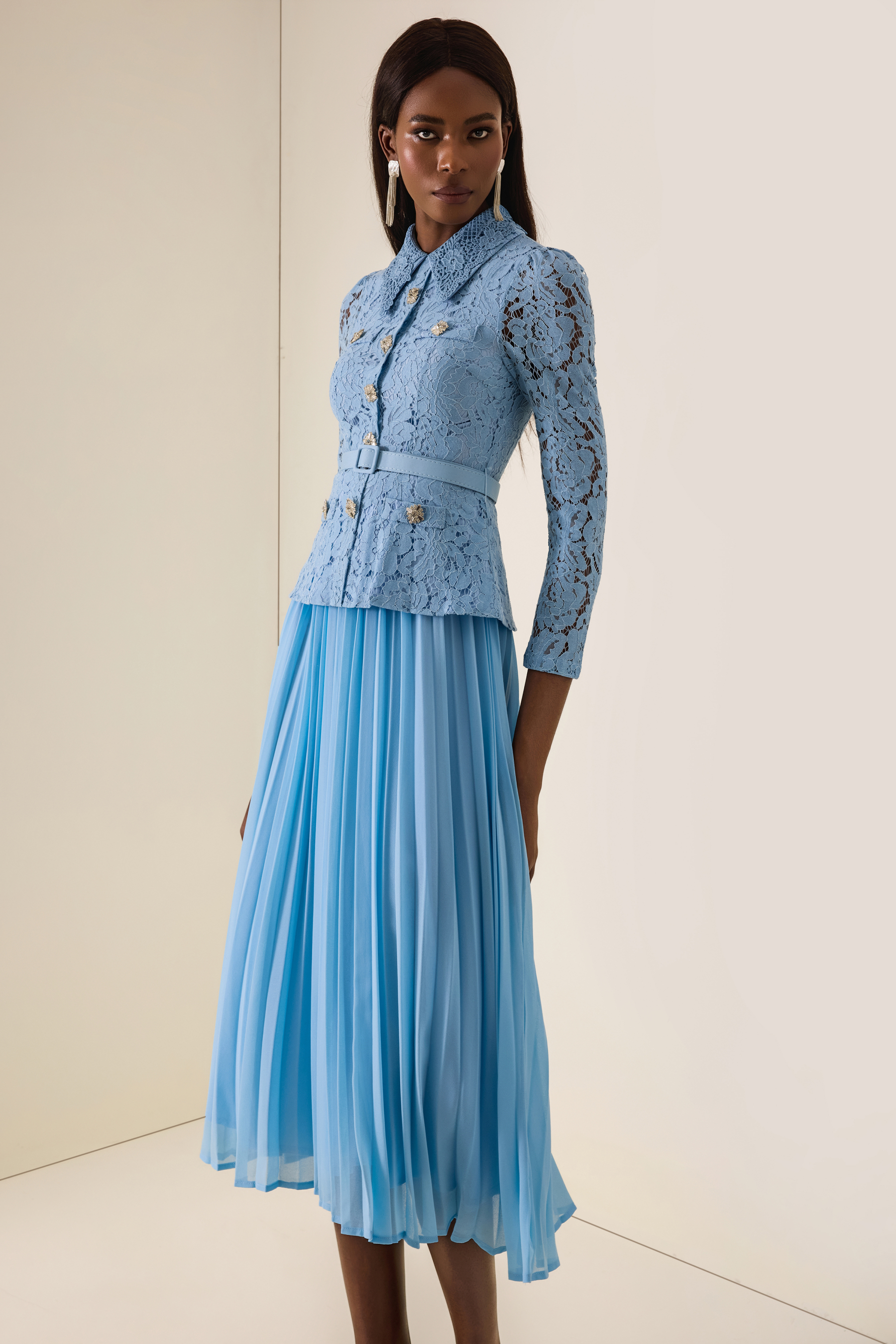 Lace Button Pleated Midi Dress