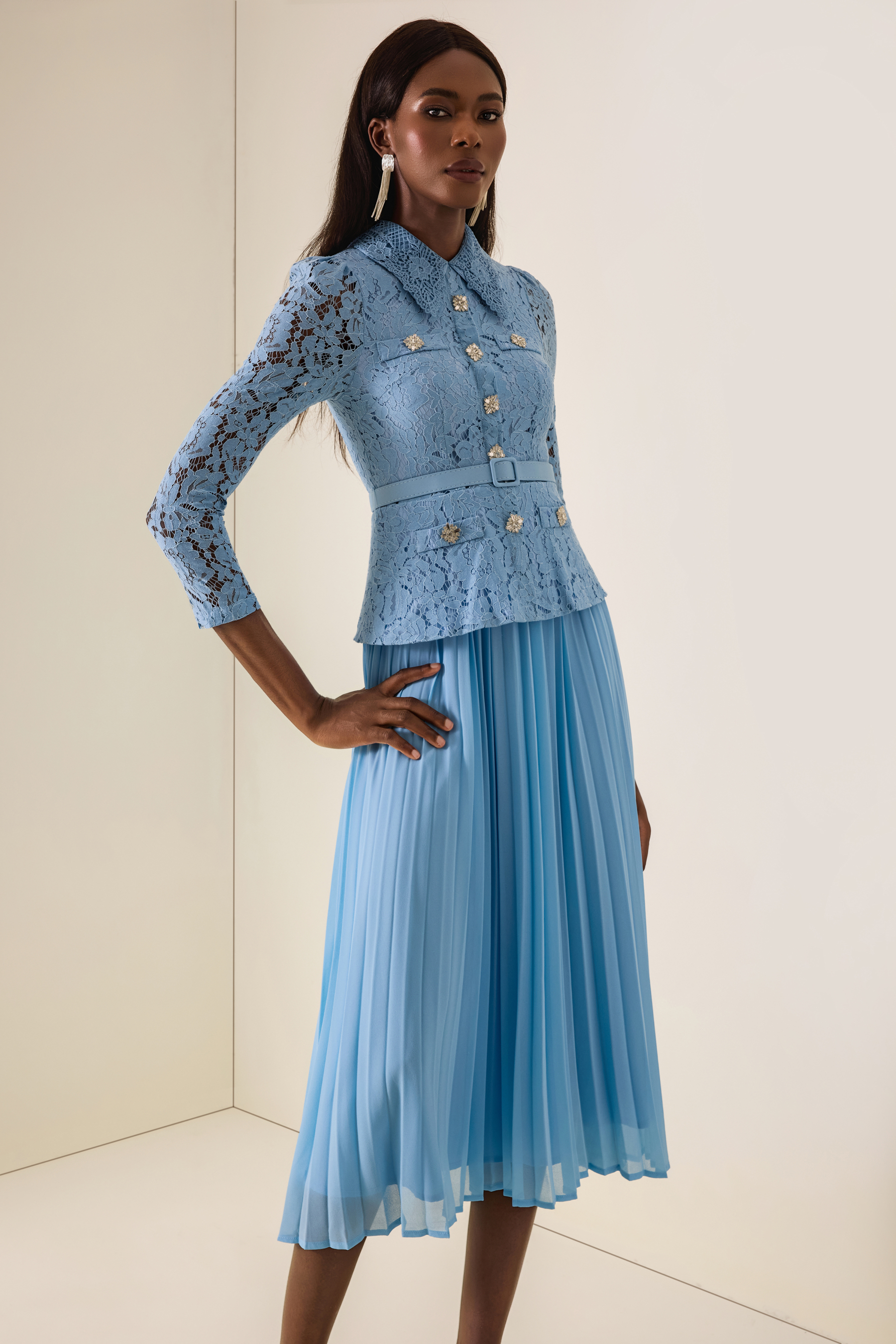Lace Button Pleated Midi Dress