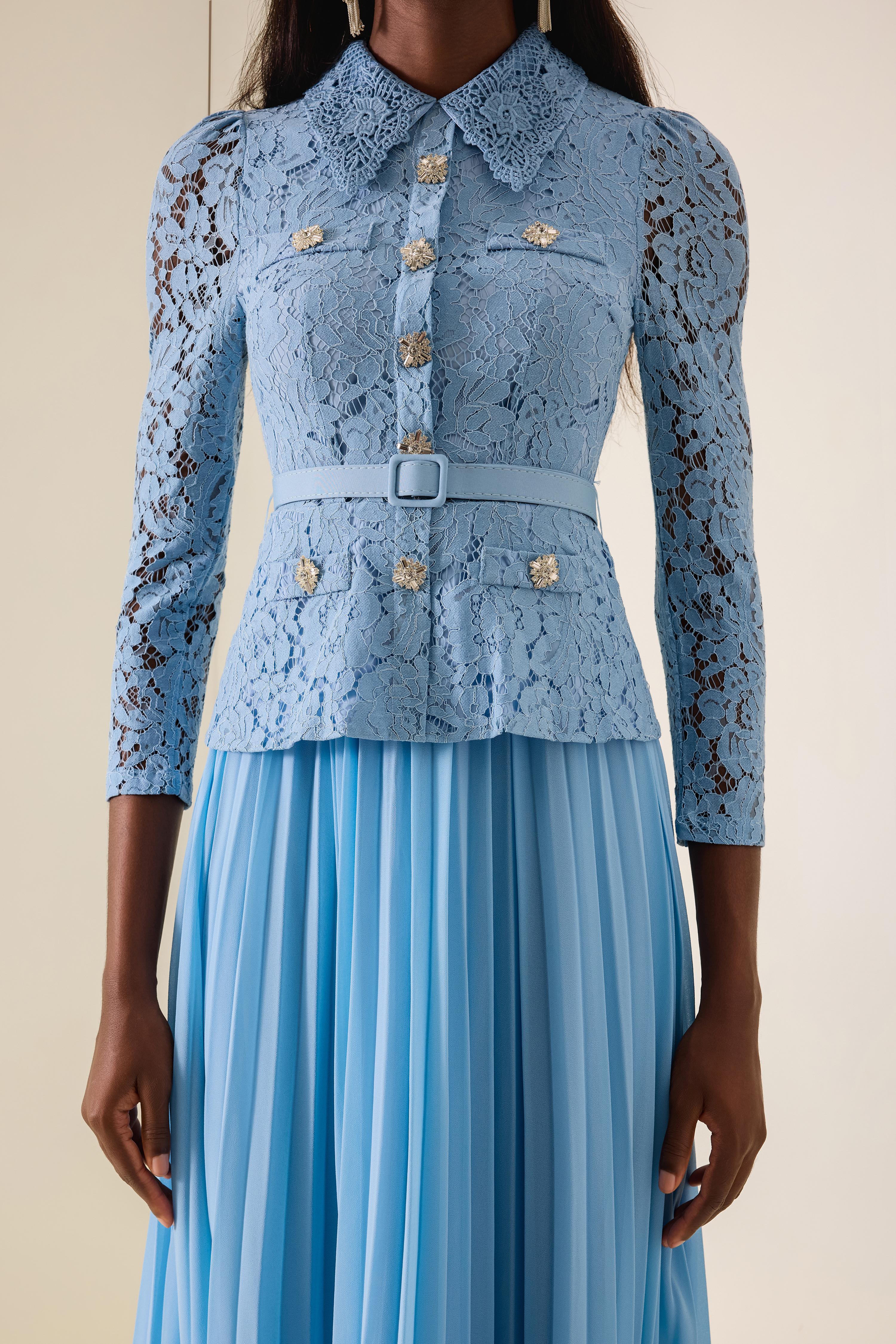 Lace Button Pleated Midi Dress