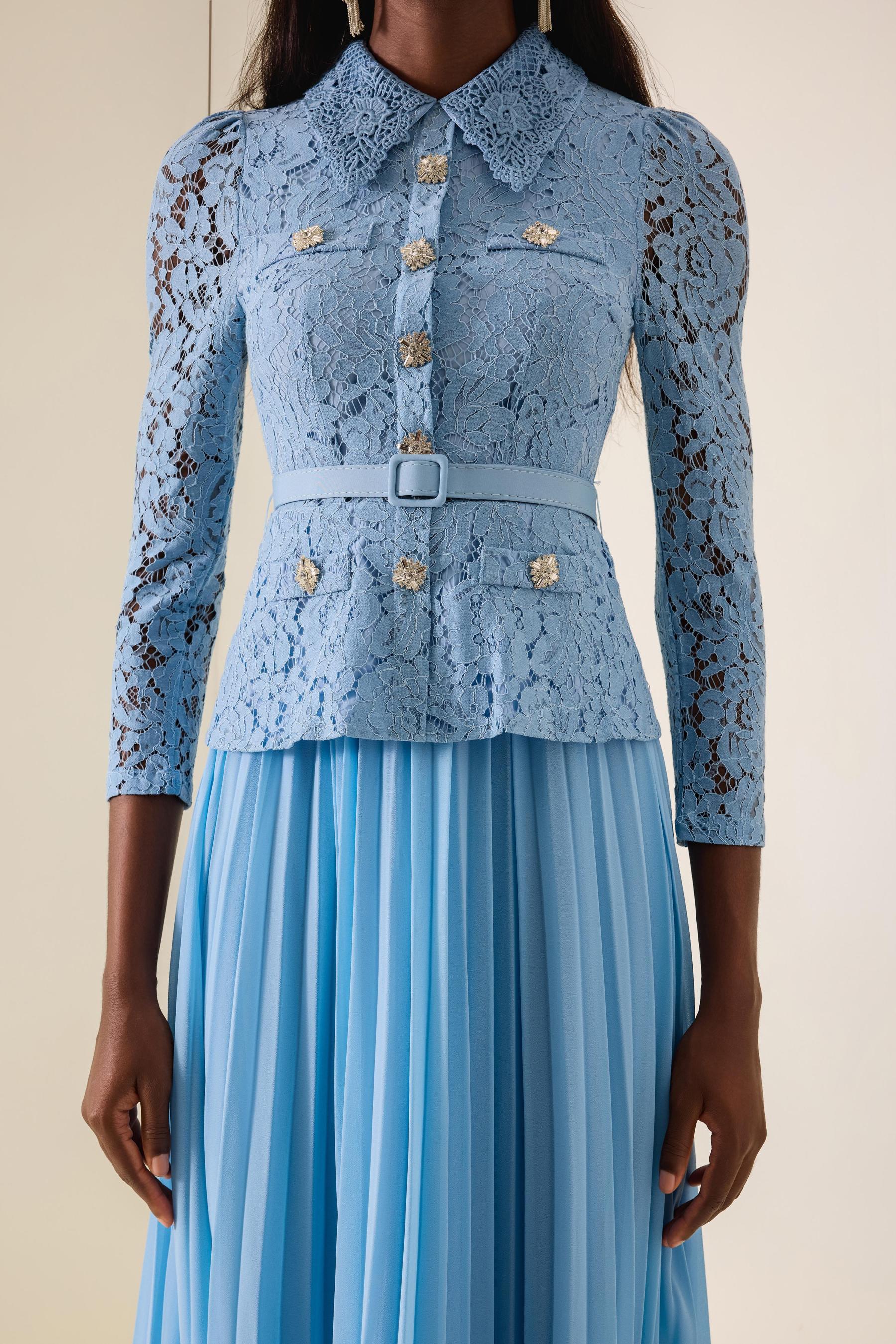 Lace Button Pleated Midi Dress