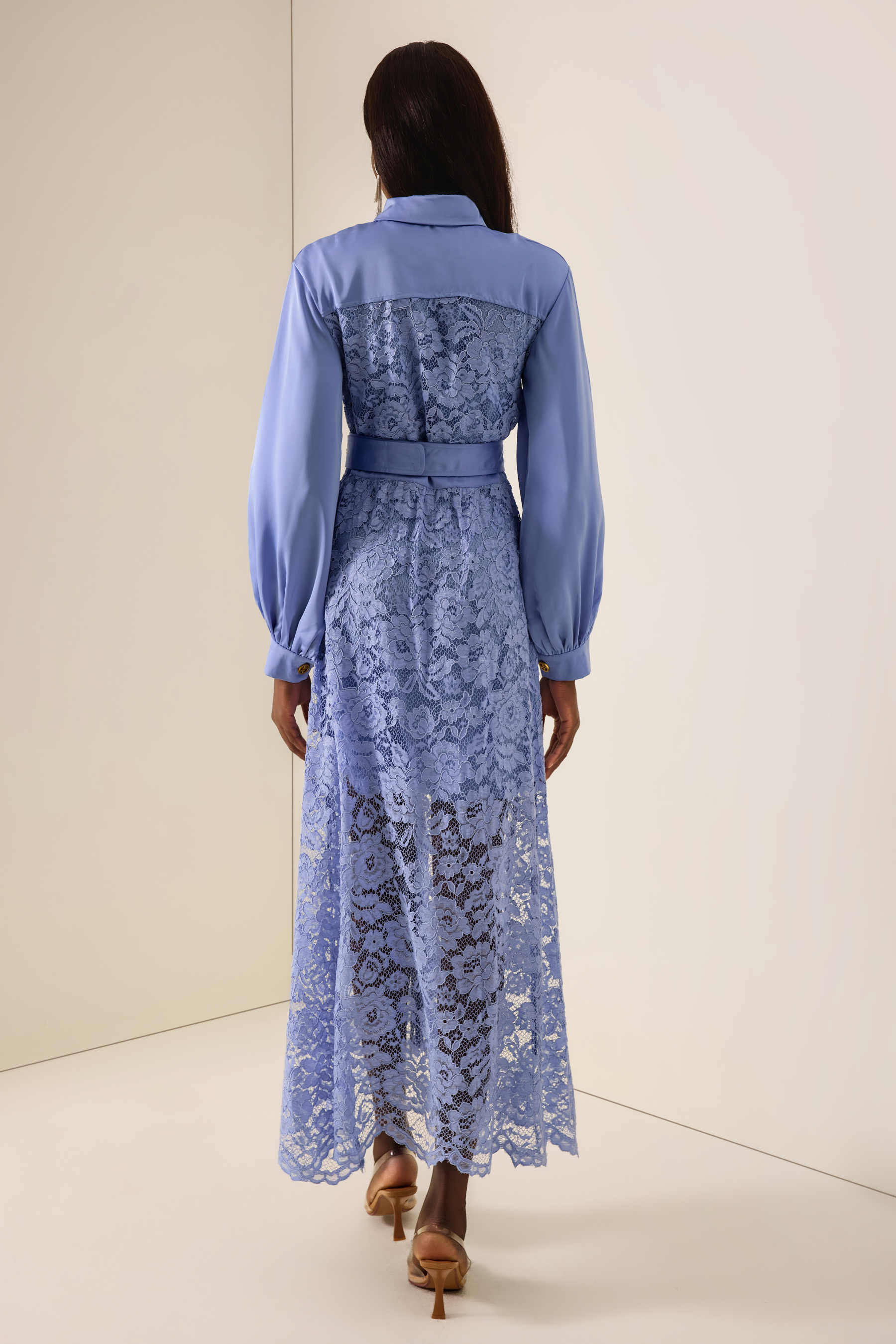 Splicing Lace Lantern Sleeve Midi Dress With Belt