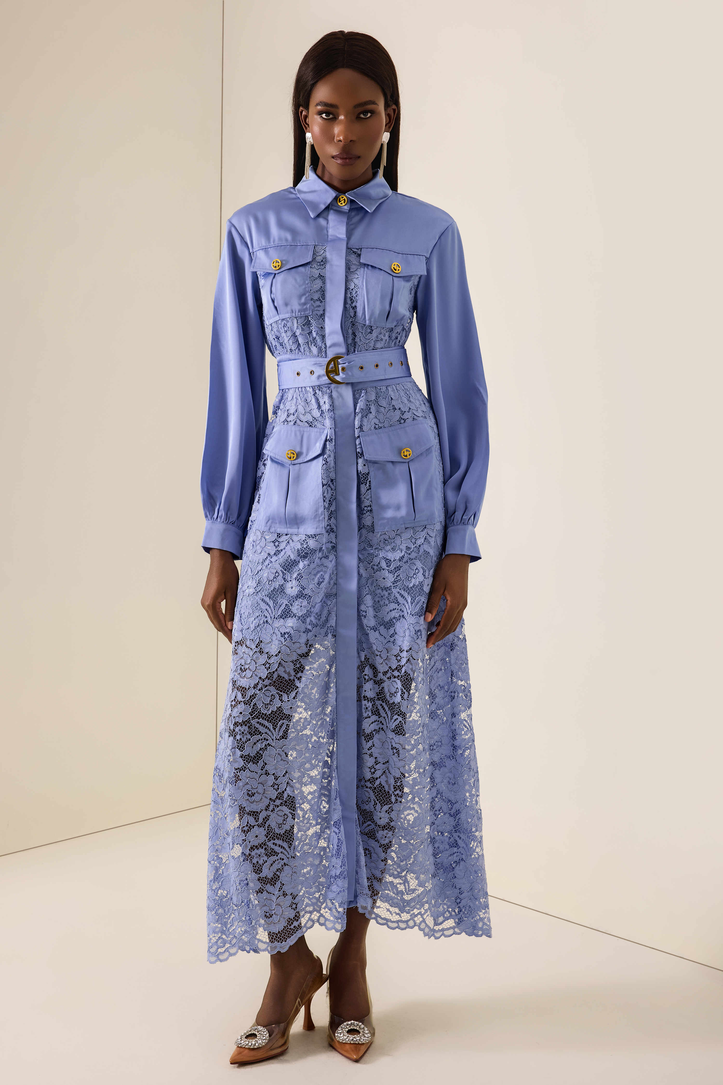 Splicing Lace Lantern Sleeve Midi Dress With Belt