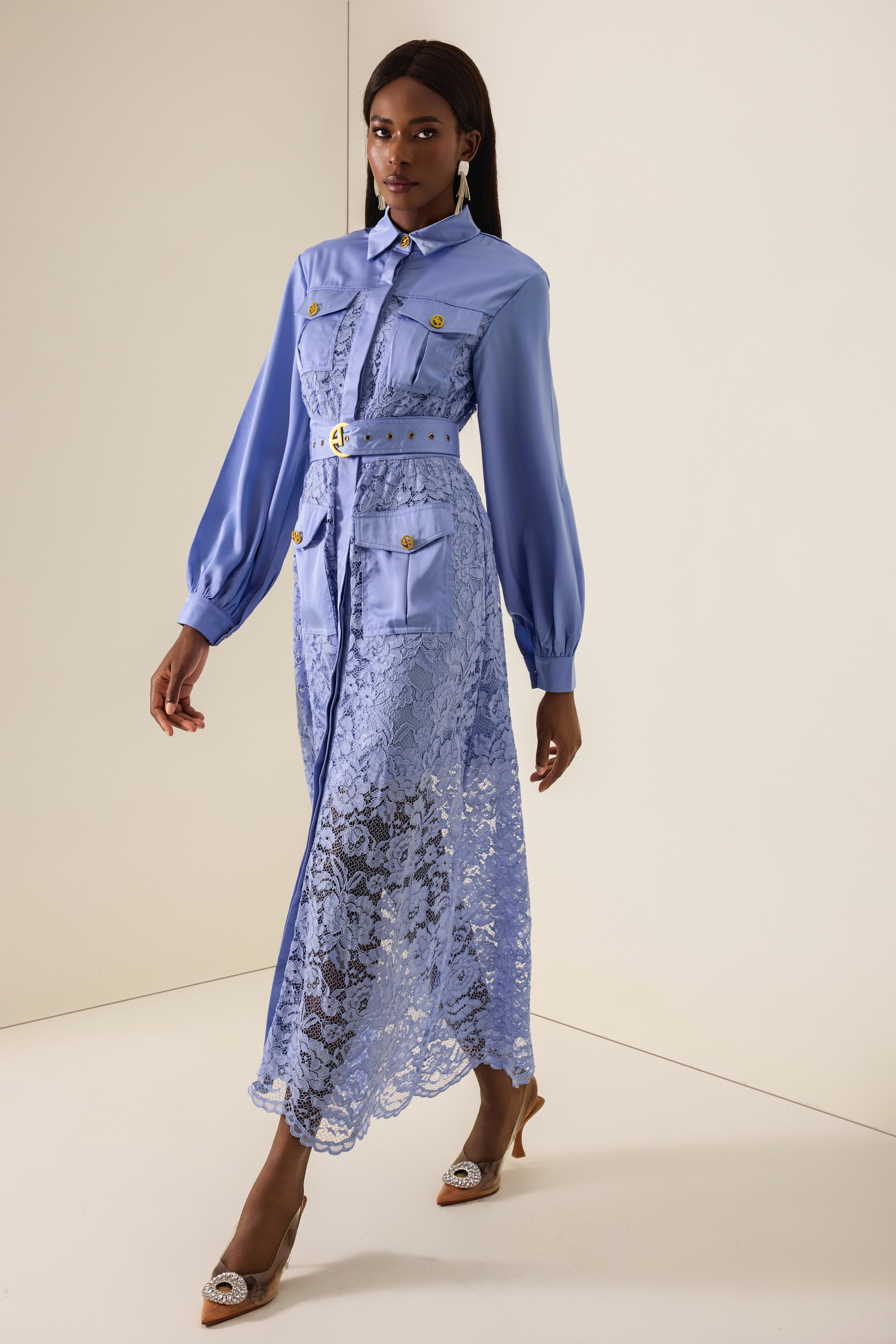 Splicing Lace Lantern Sleeve Midi Dress With Belt